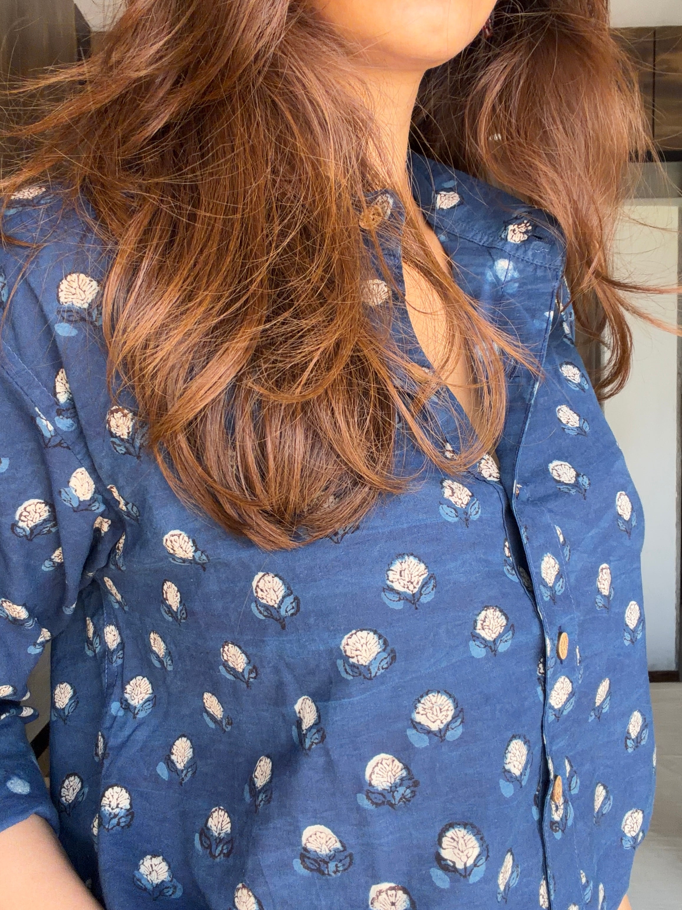 Blue Floral Handblock Cotton Shirt