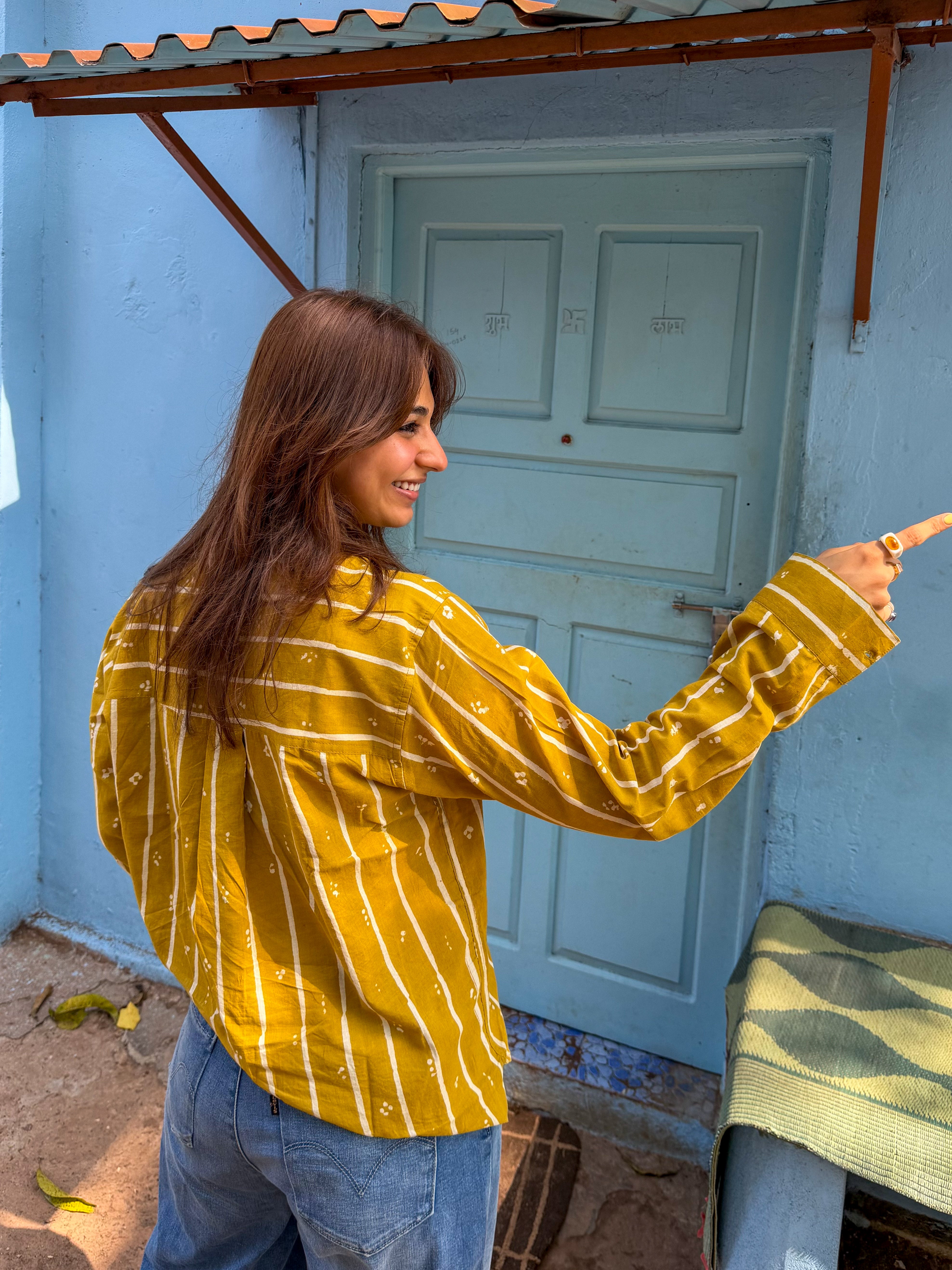 Yellow Bagru Stripe Handblock Cotton Shirt