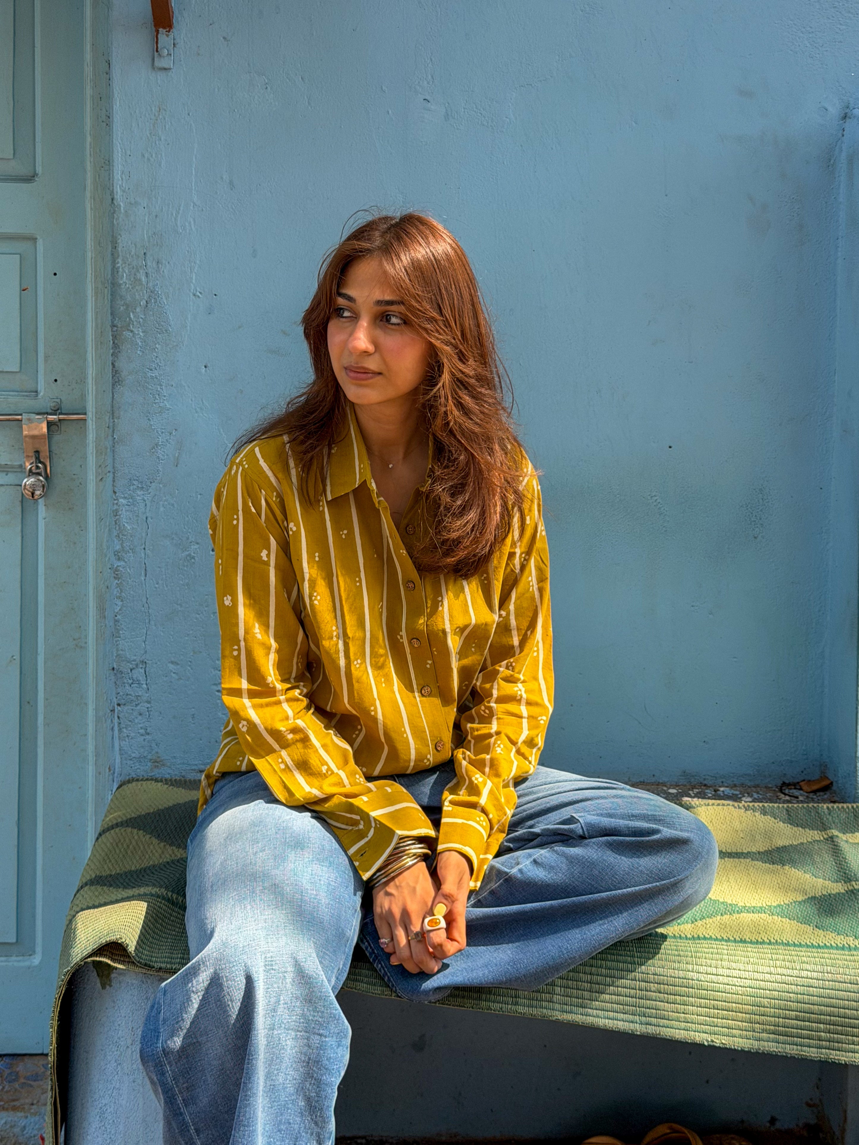 Yellow Bagru Stripe Handblock Cotton Shirt