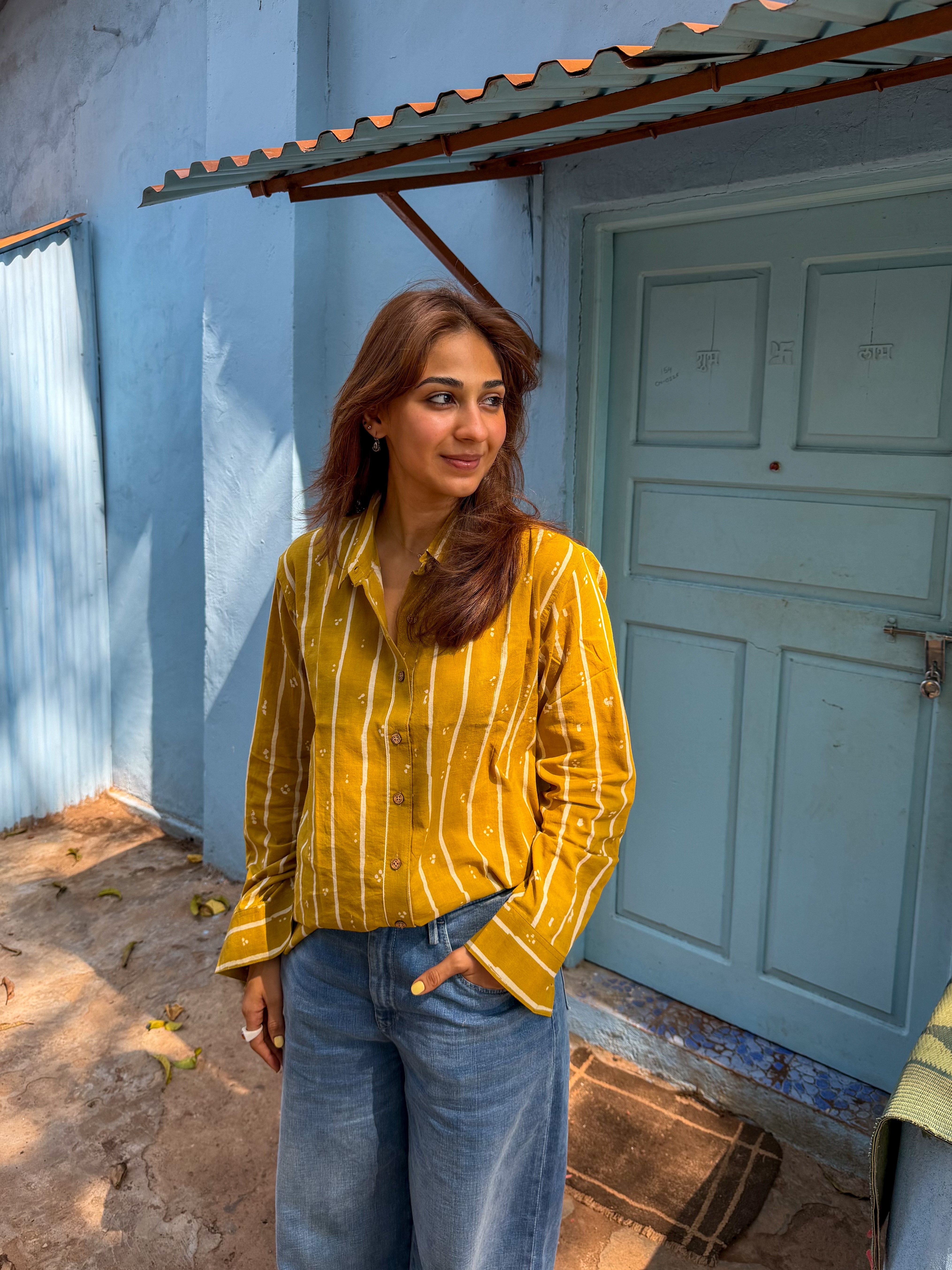 Yellow Bagru Stripe Handblock Cotton Shirt