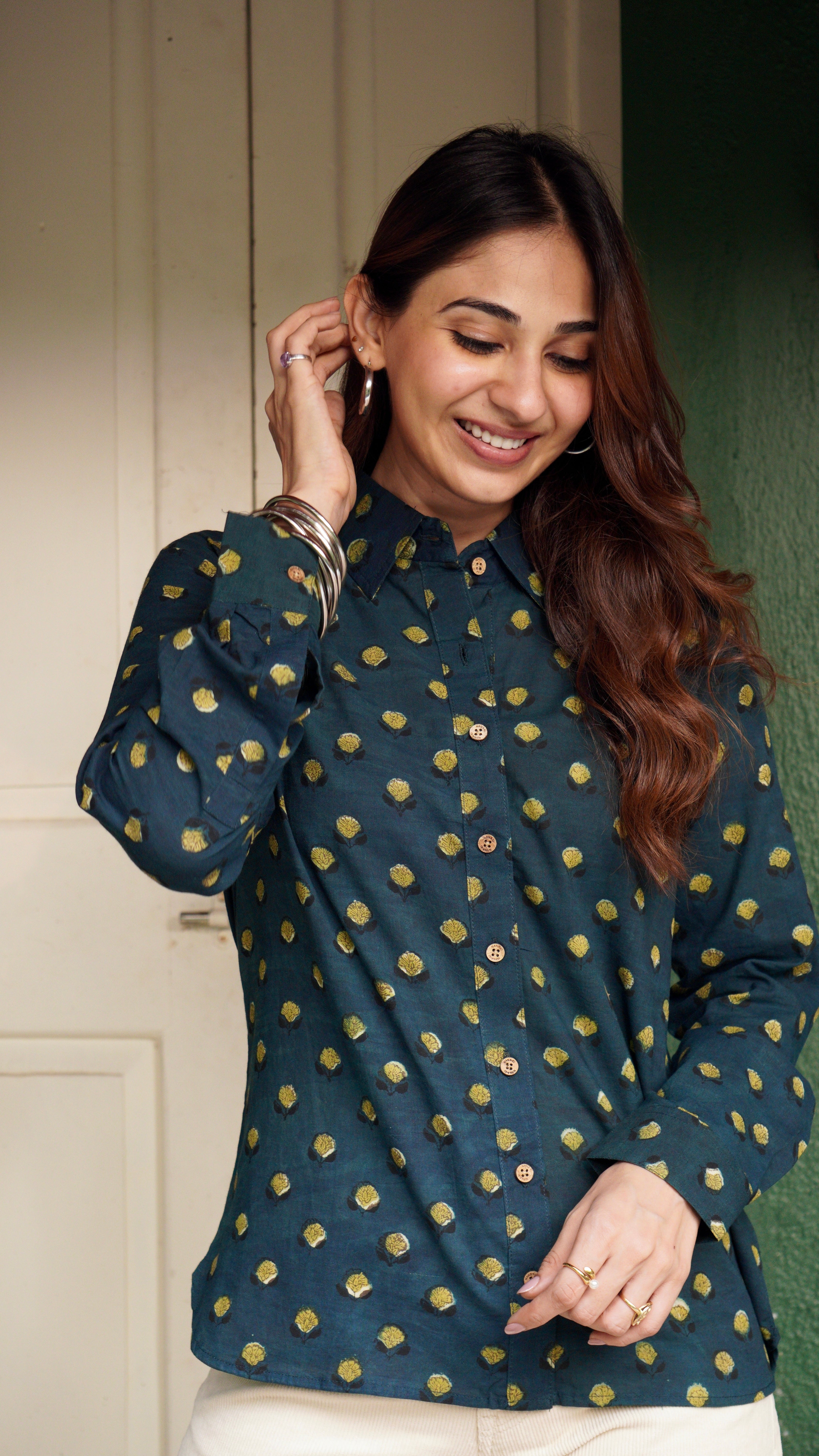 Bottle Green Floral Handblock Cotton Shirt
