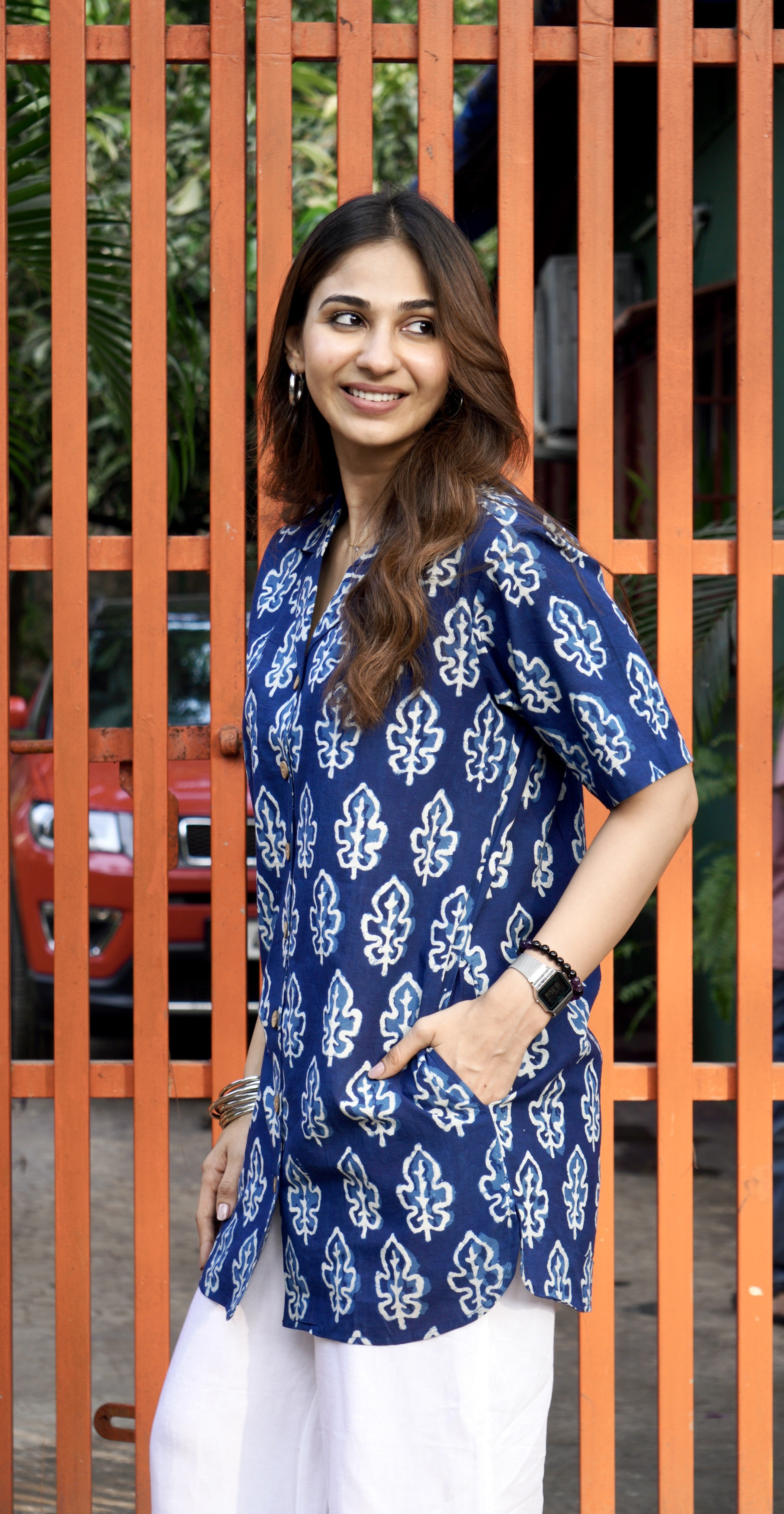 Navy Blue Leaf Handblock Cotton Shirt Kurti