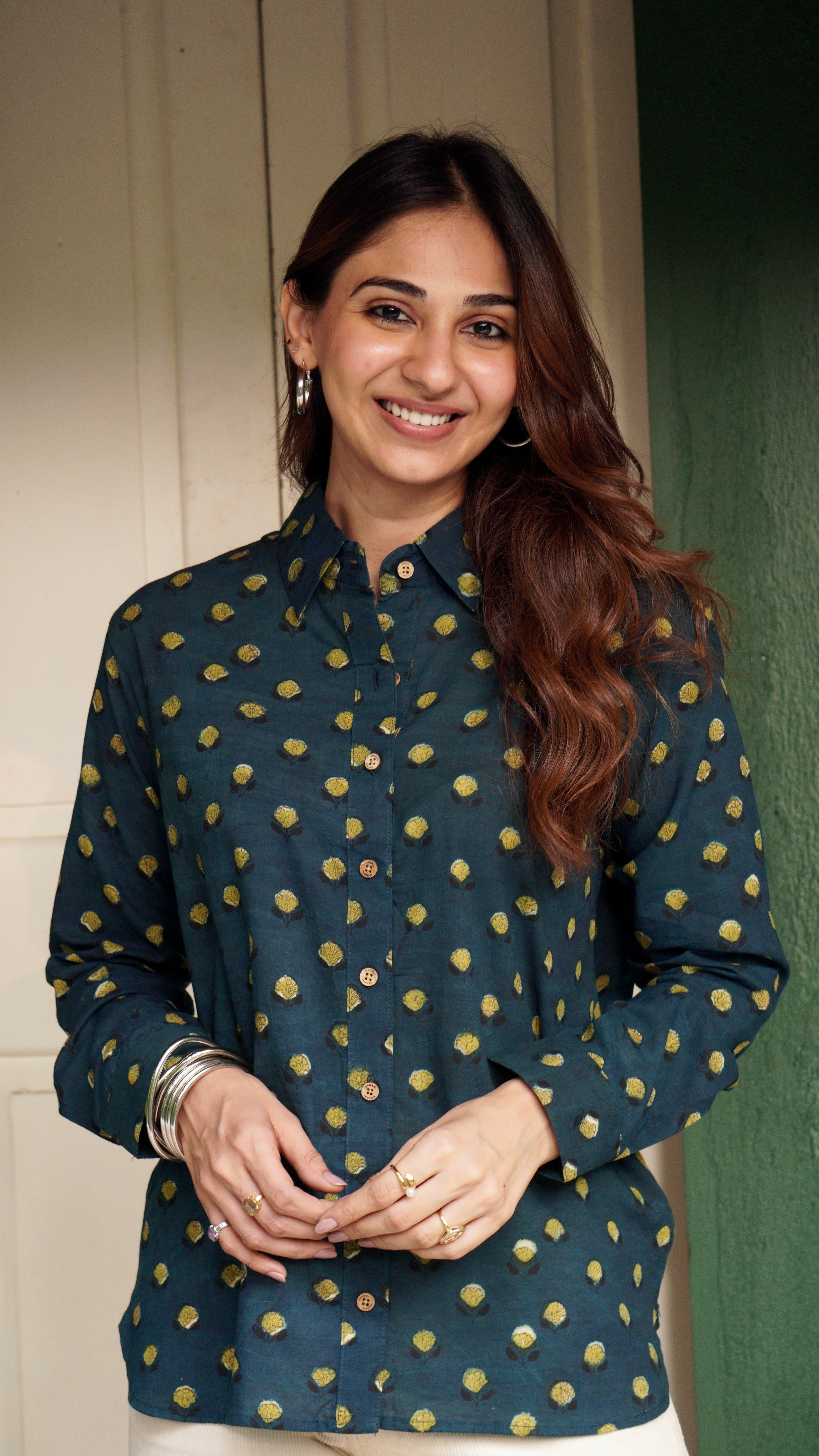 Bottle Green Floral Handblock Cotton Shirt