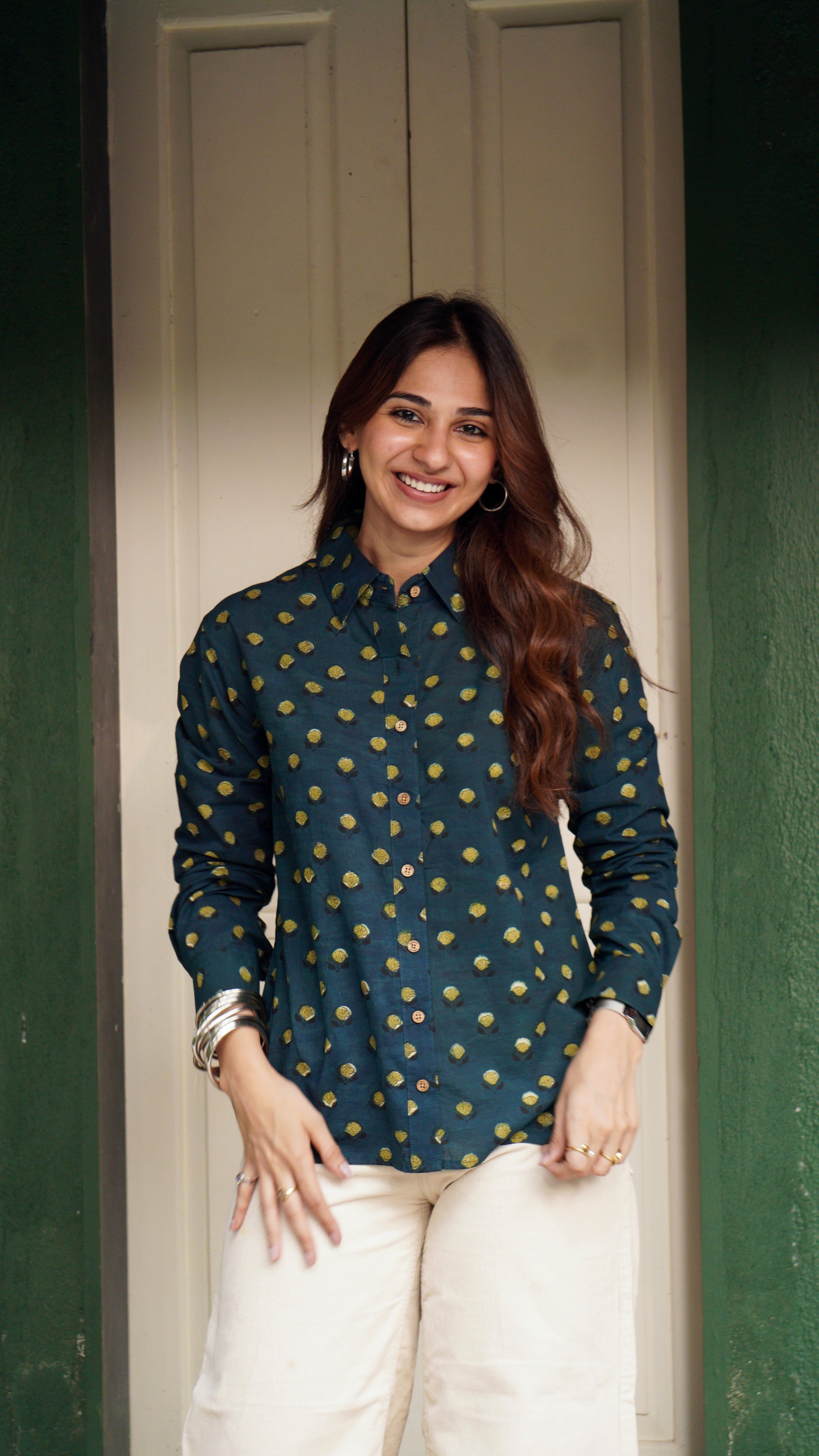 Bottle Green Floral Handblock Cotton Shirt