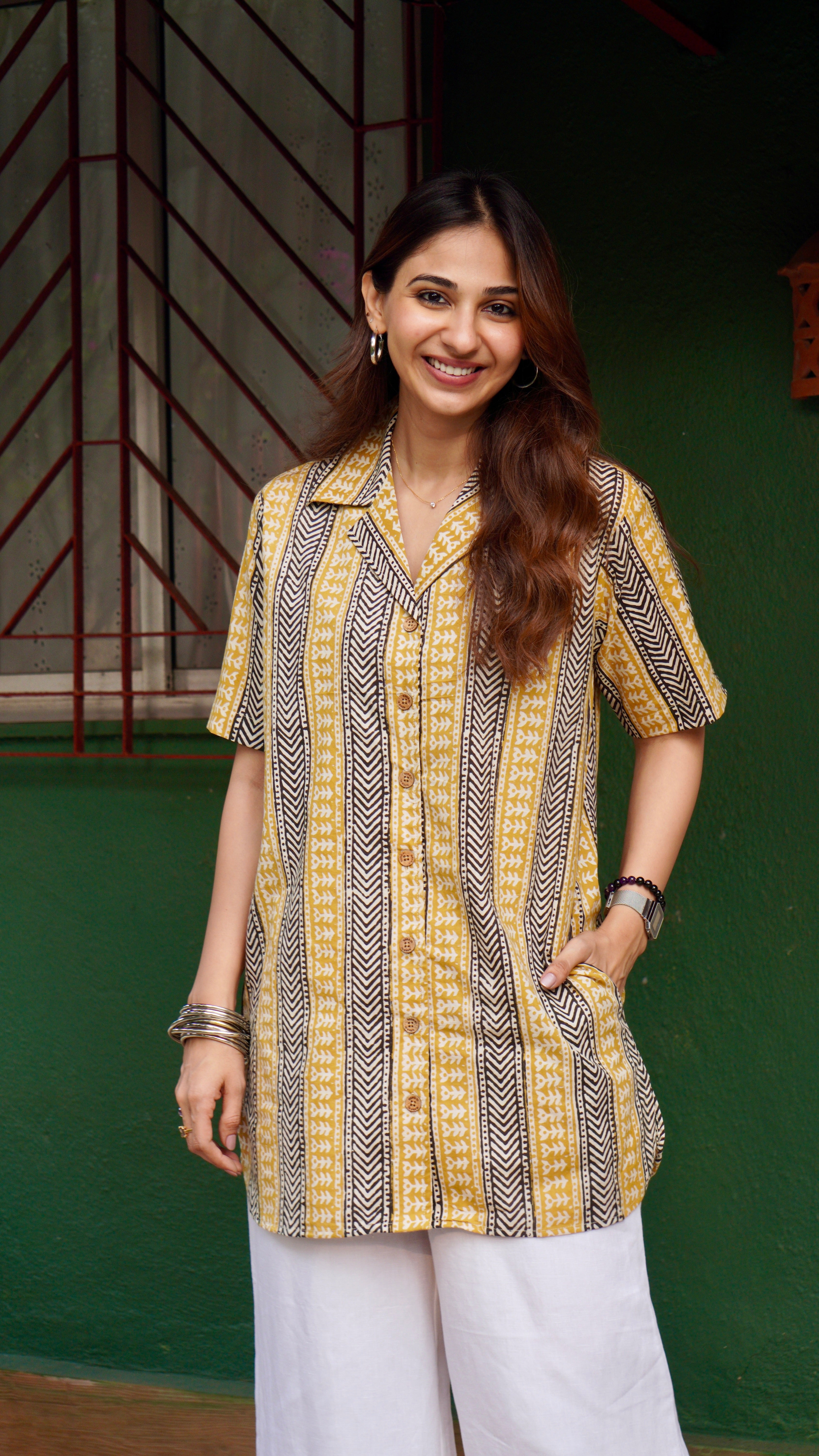 Ajrakh Yellow Stripe Handblock Cotton Shirt Kurti