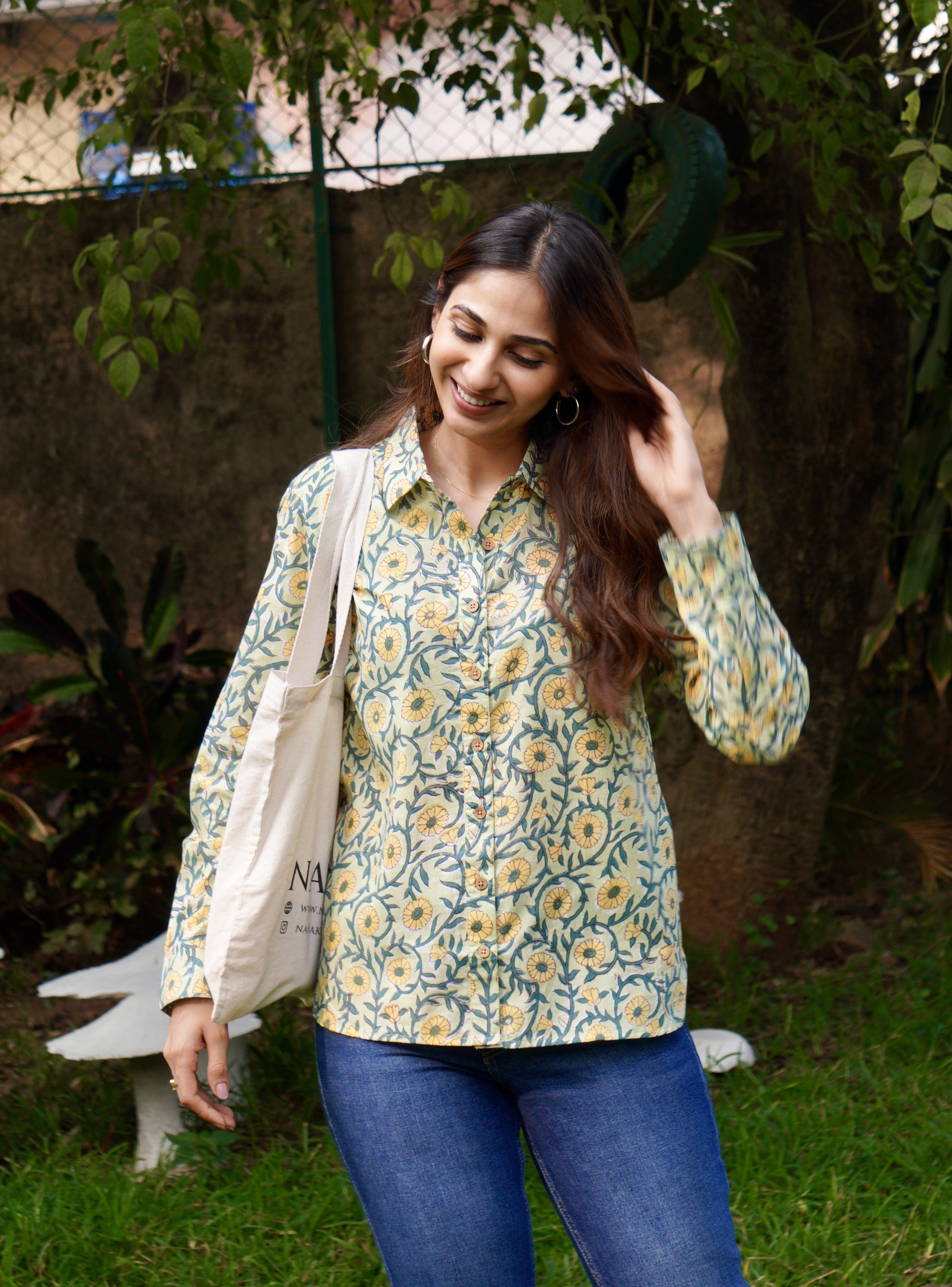 Green Yellow Floral Handblock Shirt