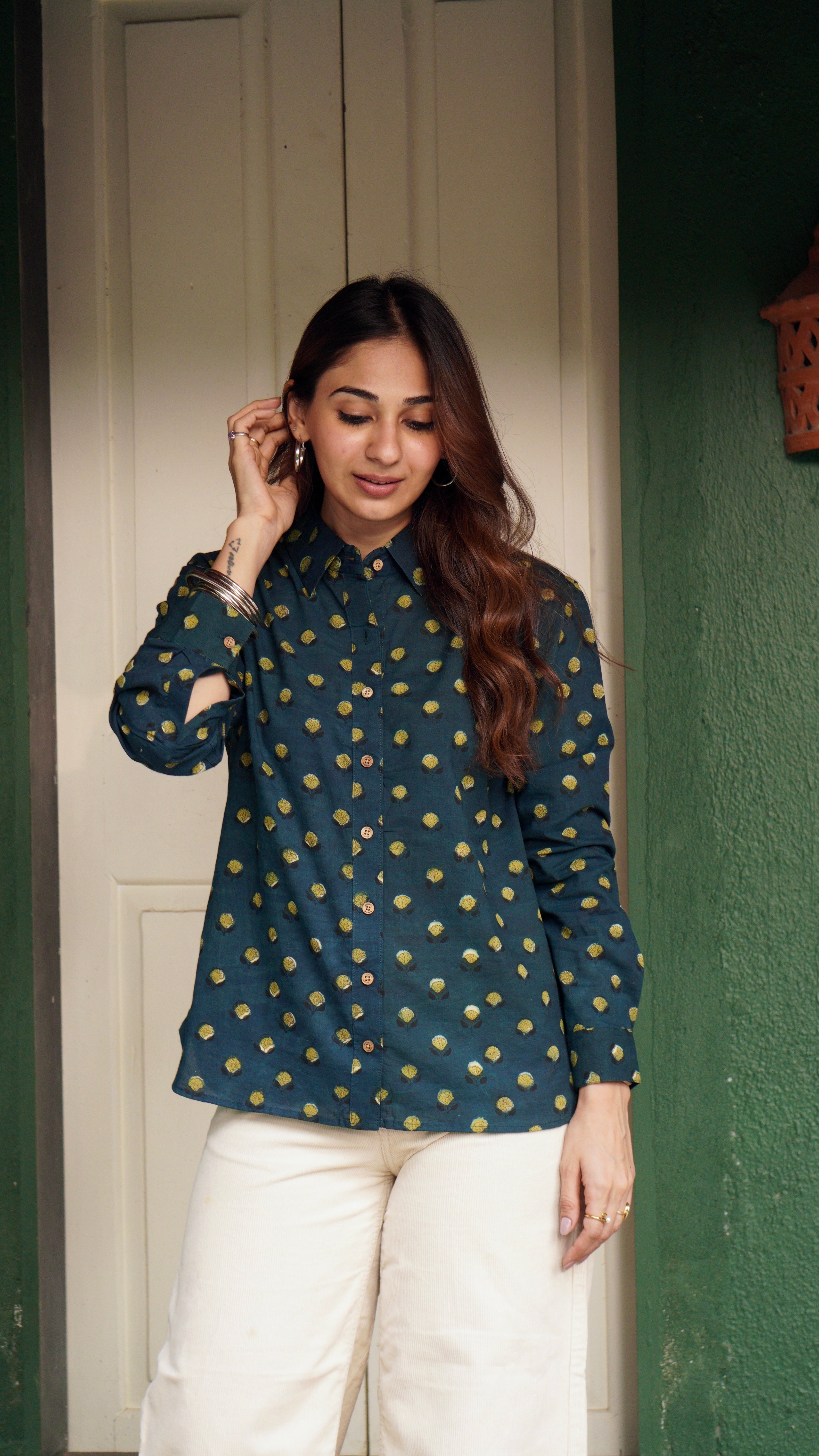 Bottle Green Floral Handblock Cotton Shirt