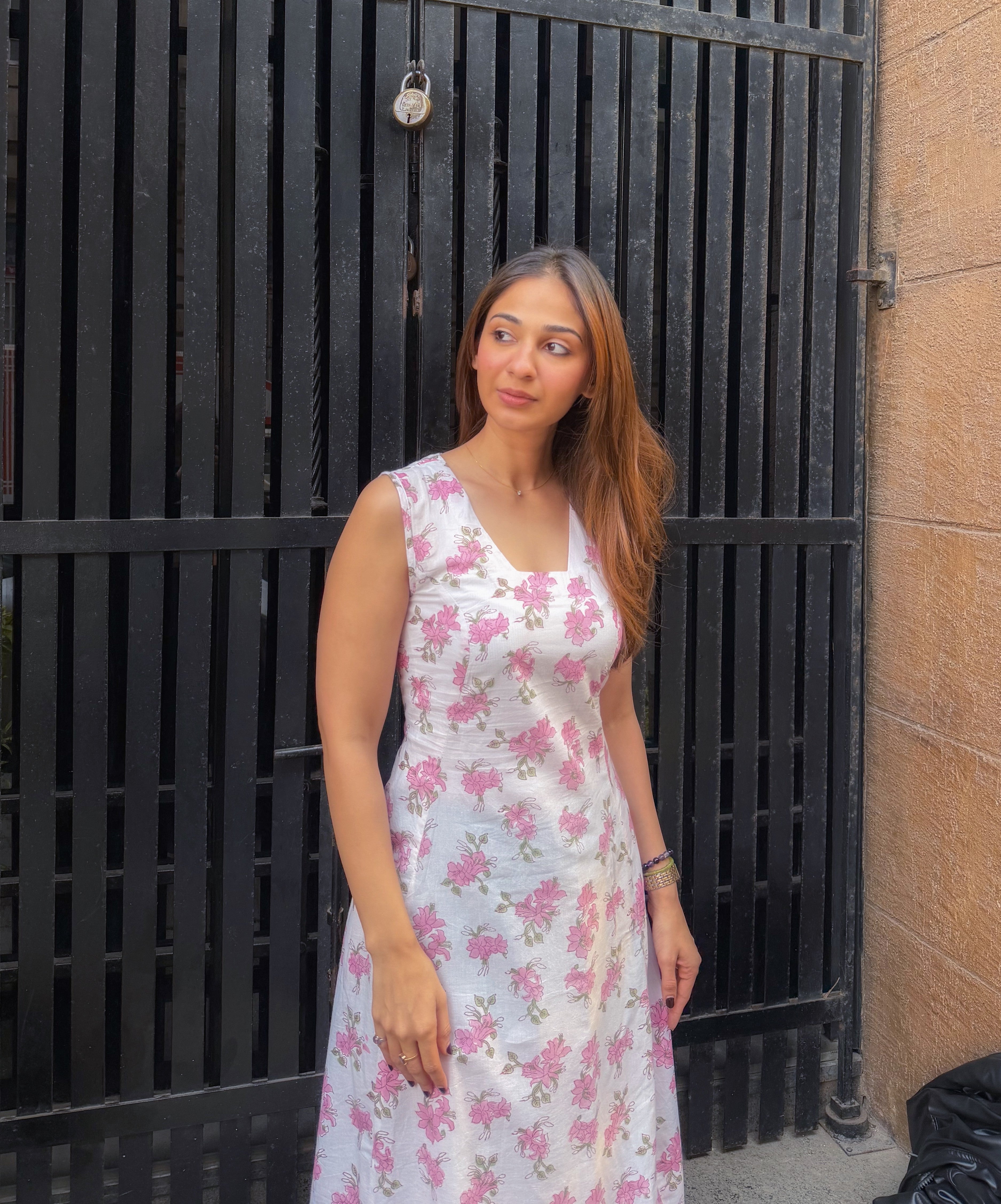 Pink Floral Sanganeri Cotton Corset Dress