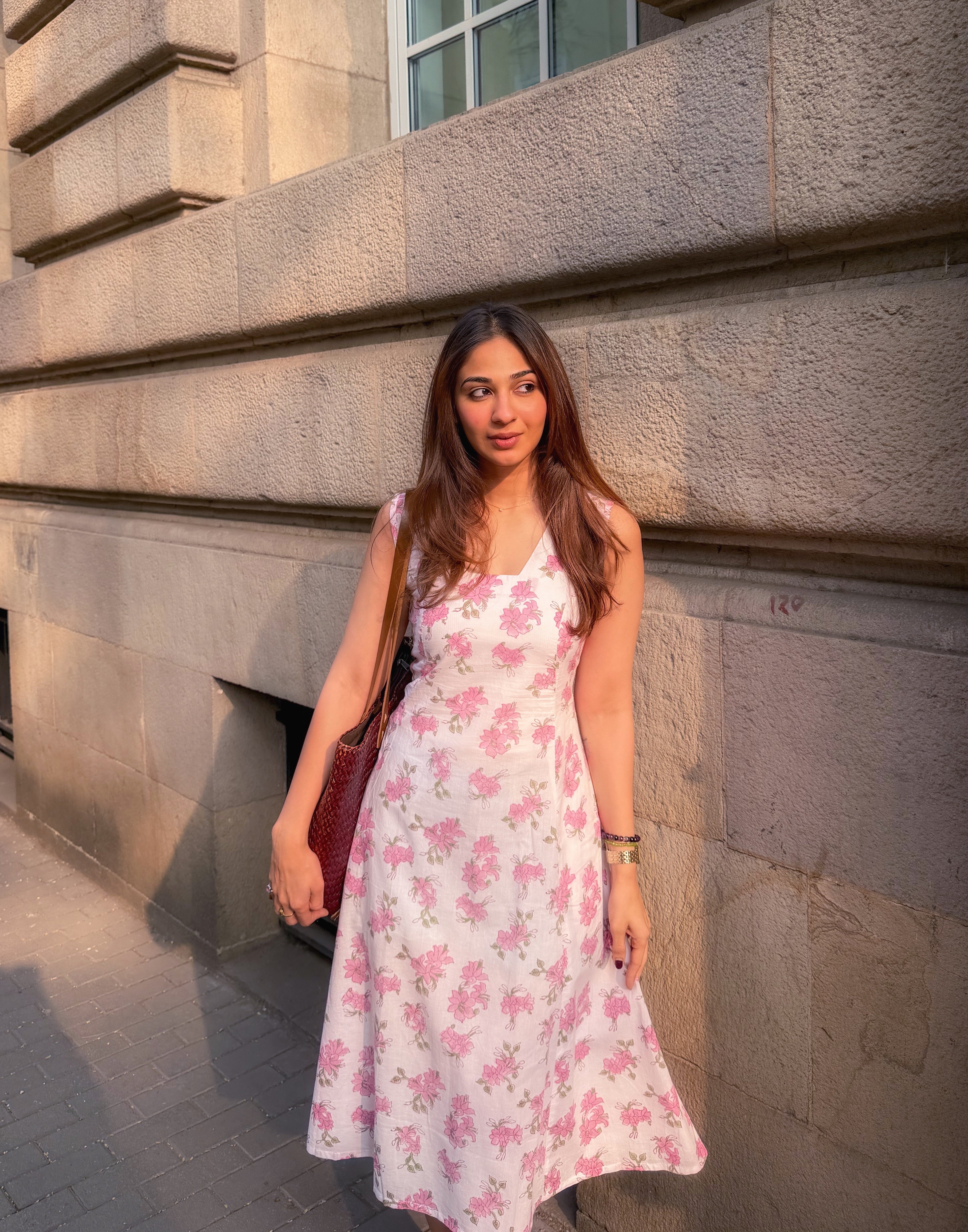 Pink Floral Sanganeri Cotton Corset Dress