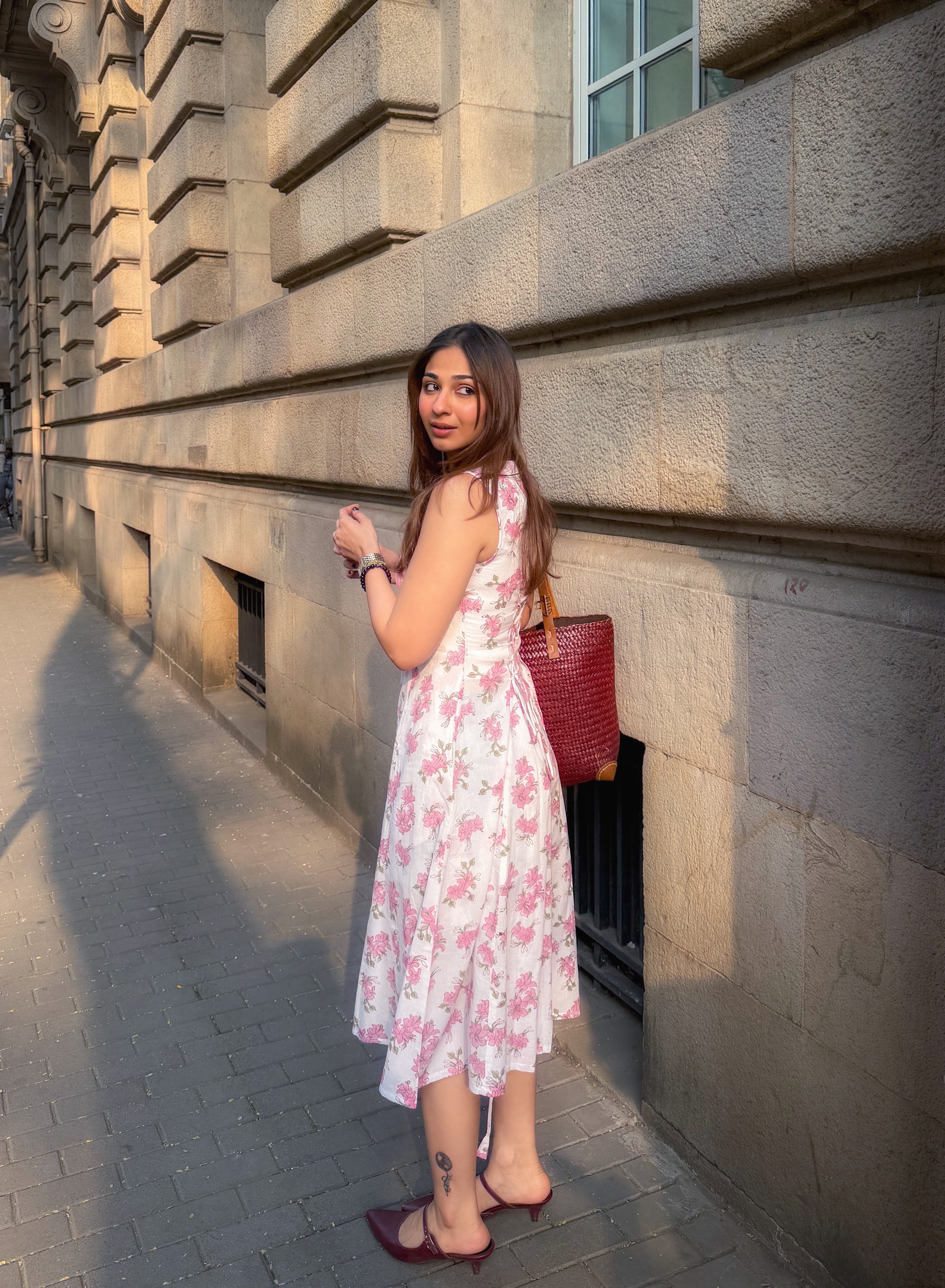 Pink Floral Sanganeri Cotton Corset Dress