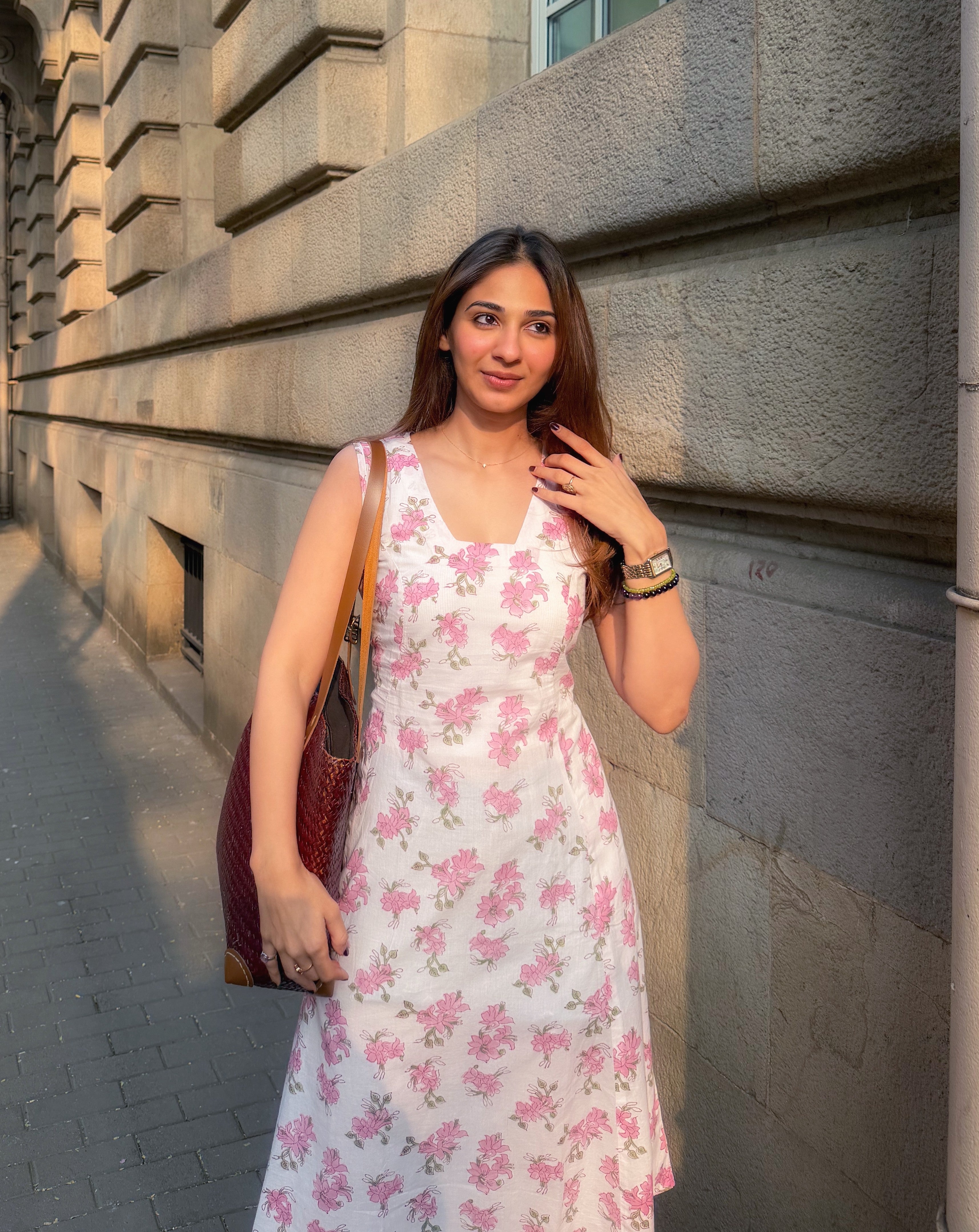 Pink Floral Sanganeri Cotton Corset Dress