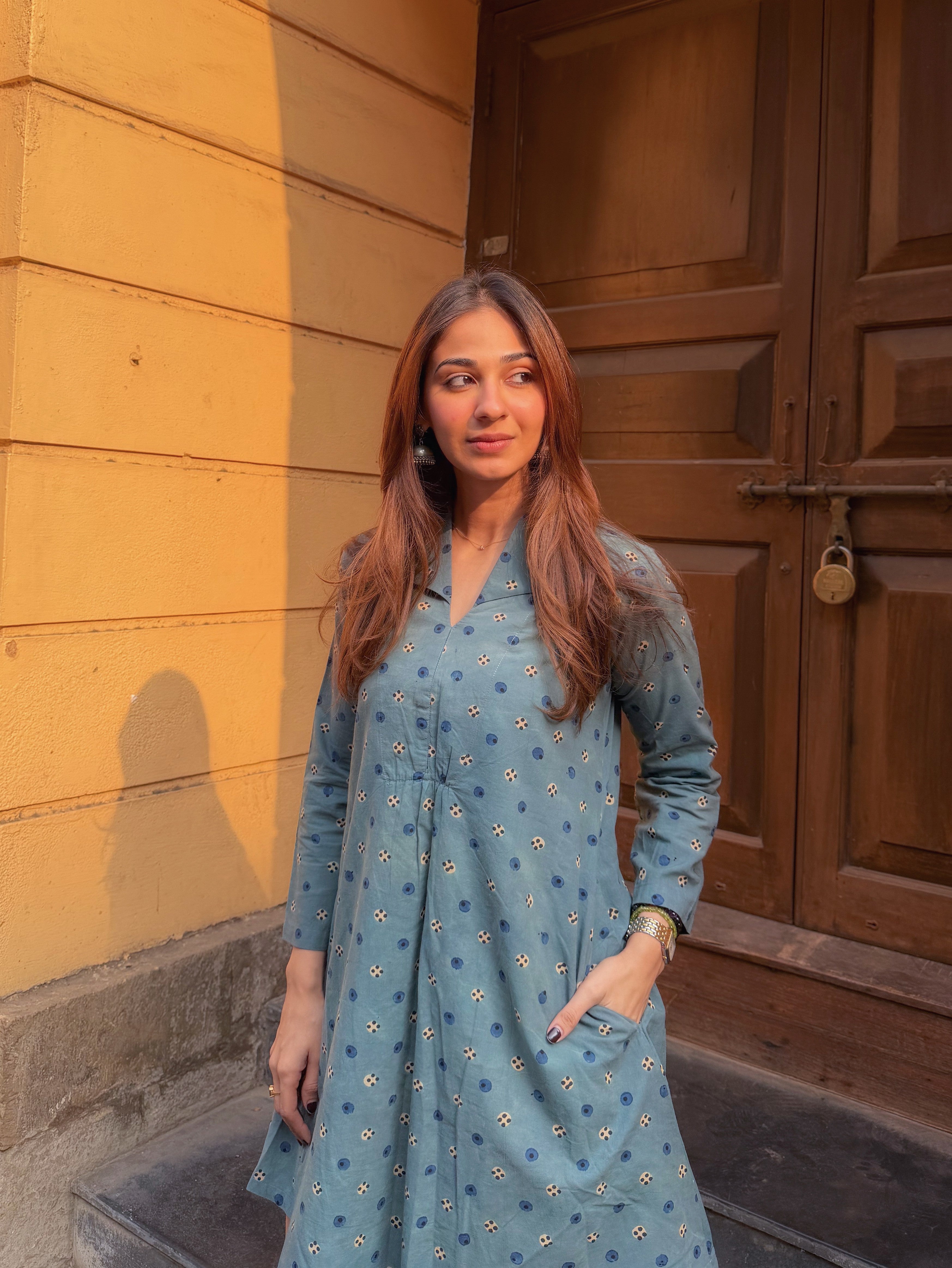 Indigo Ajrakh Cotton A Line Dress