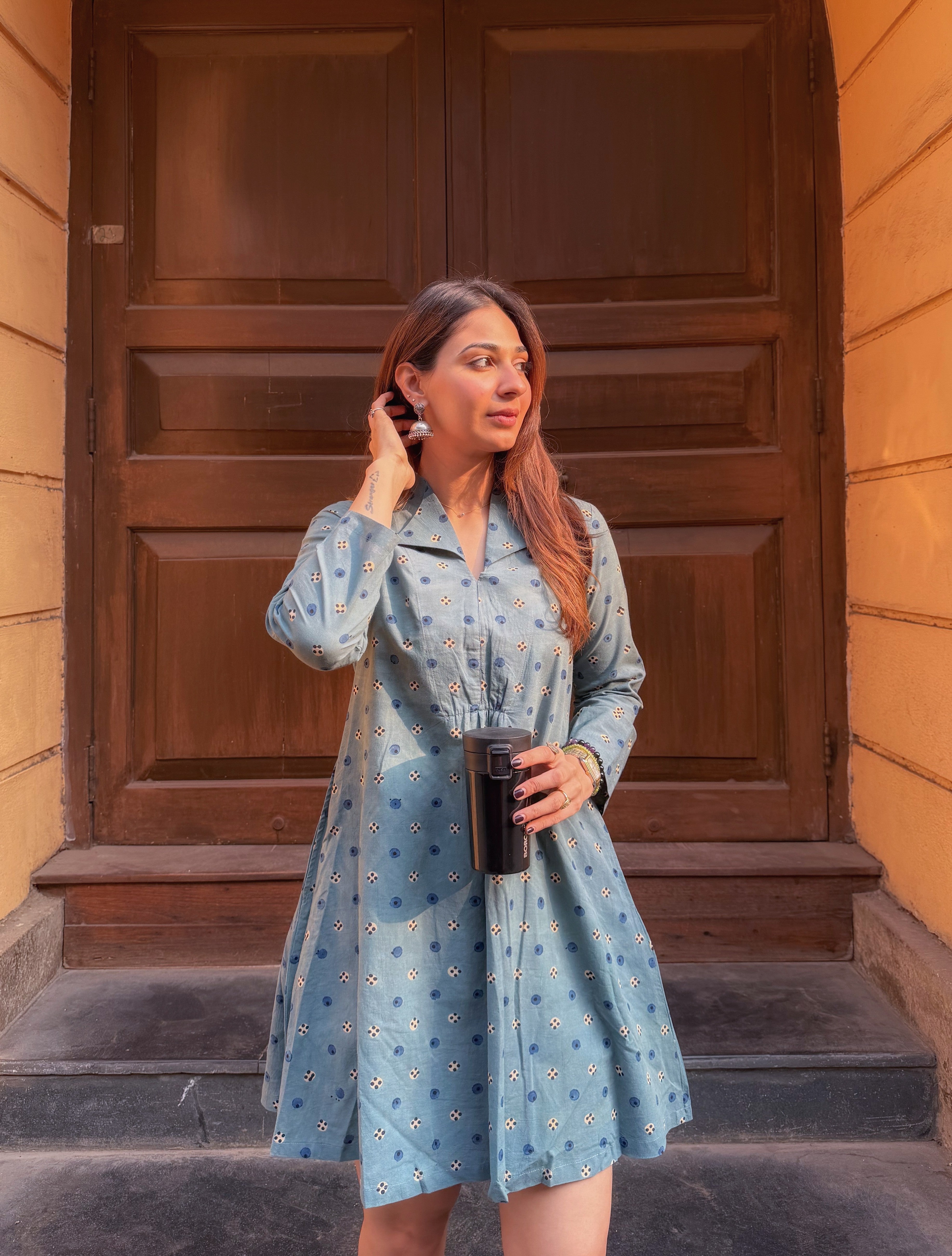 Indigo Ajrakh Cotton A Line Dress