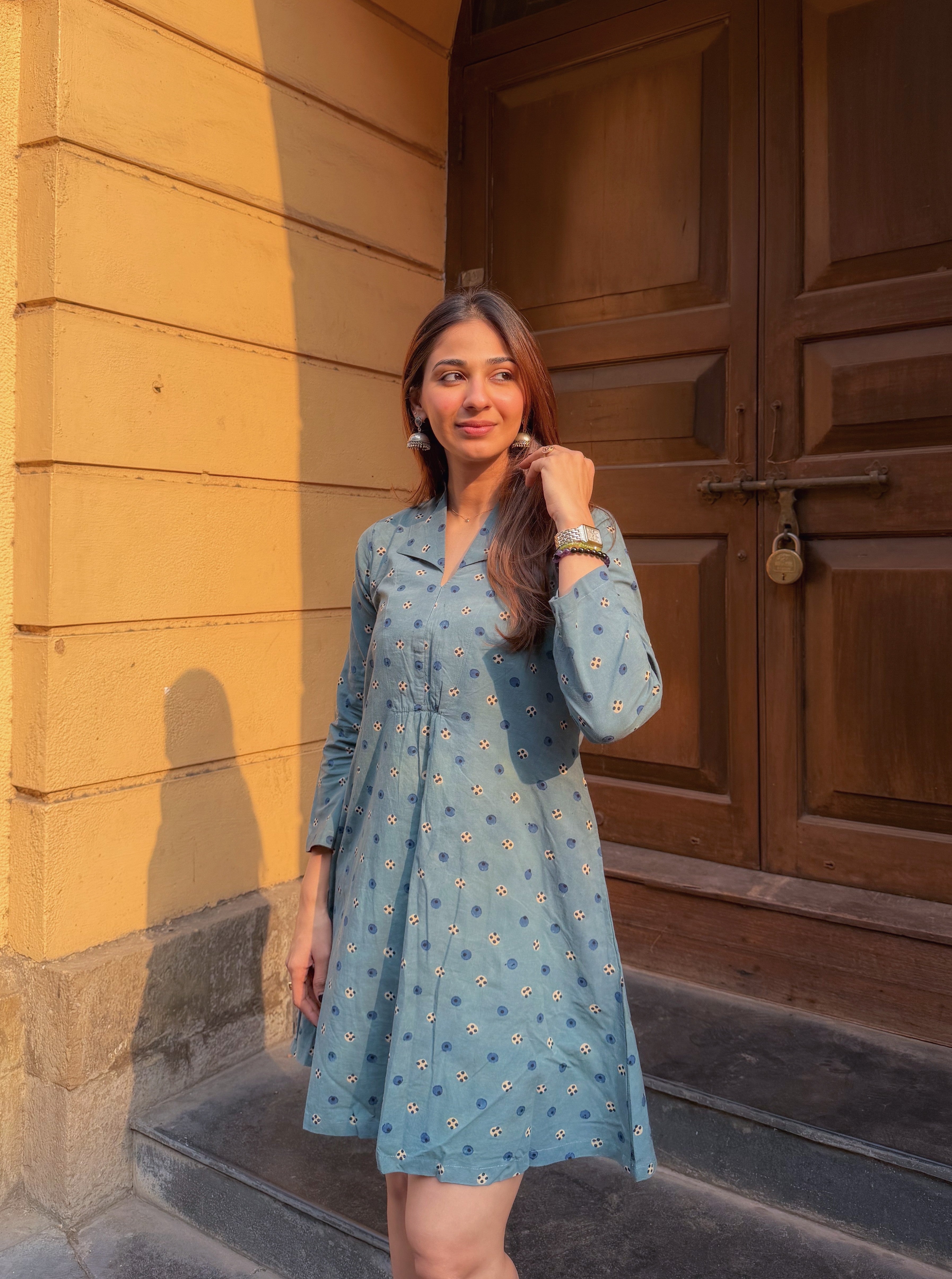 Indigo Ajrakh Cotton A Line Dress