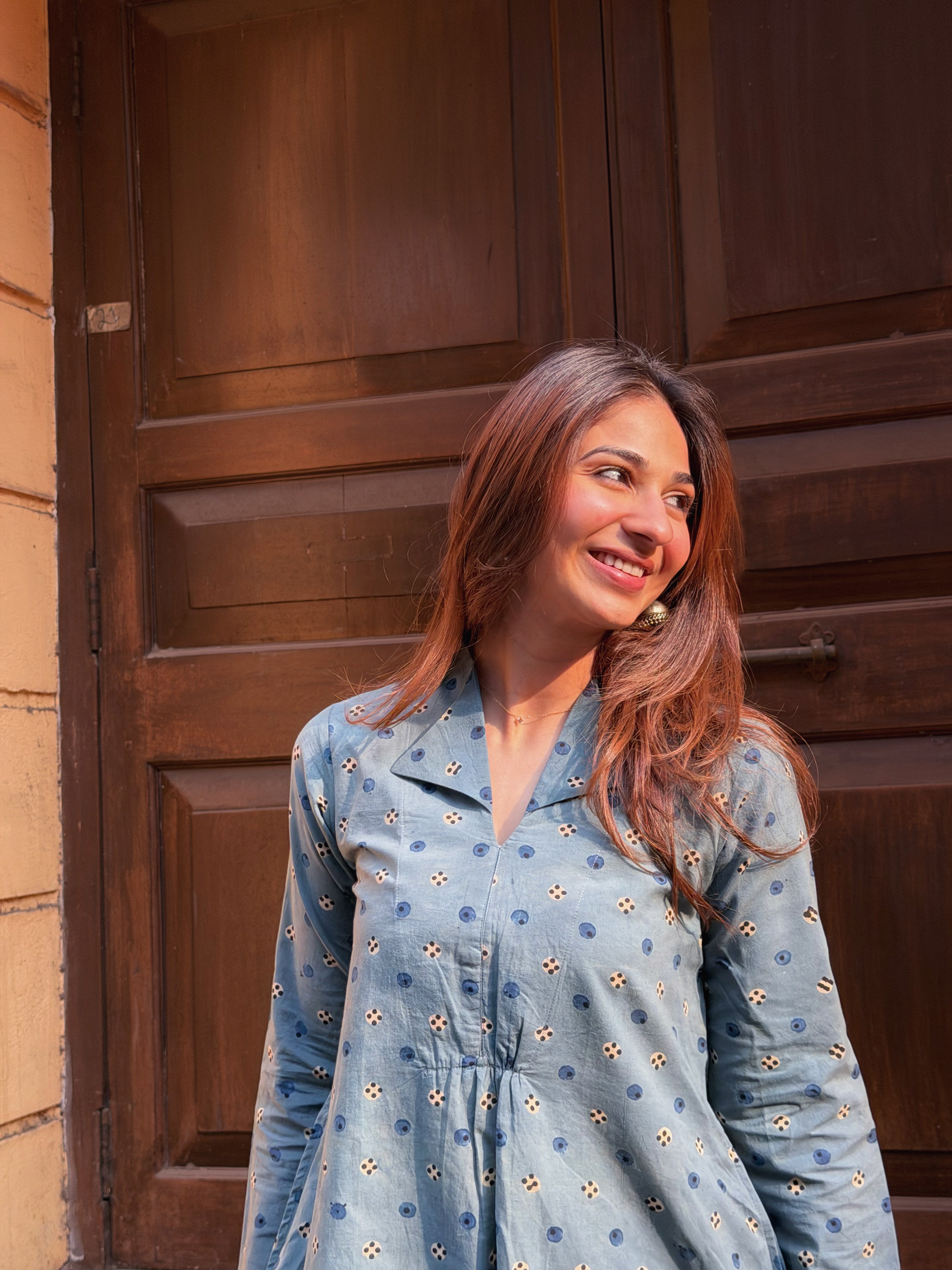 Indigo Ajrakh Cotton A Line Dress