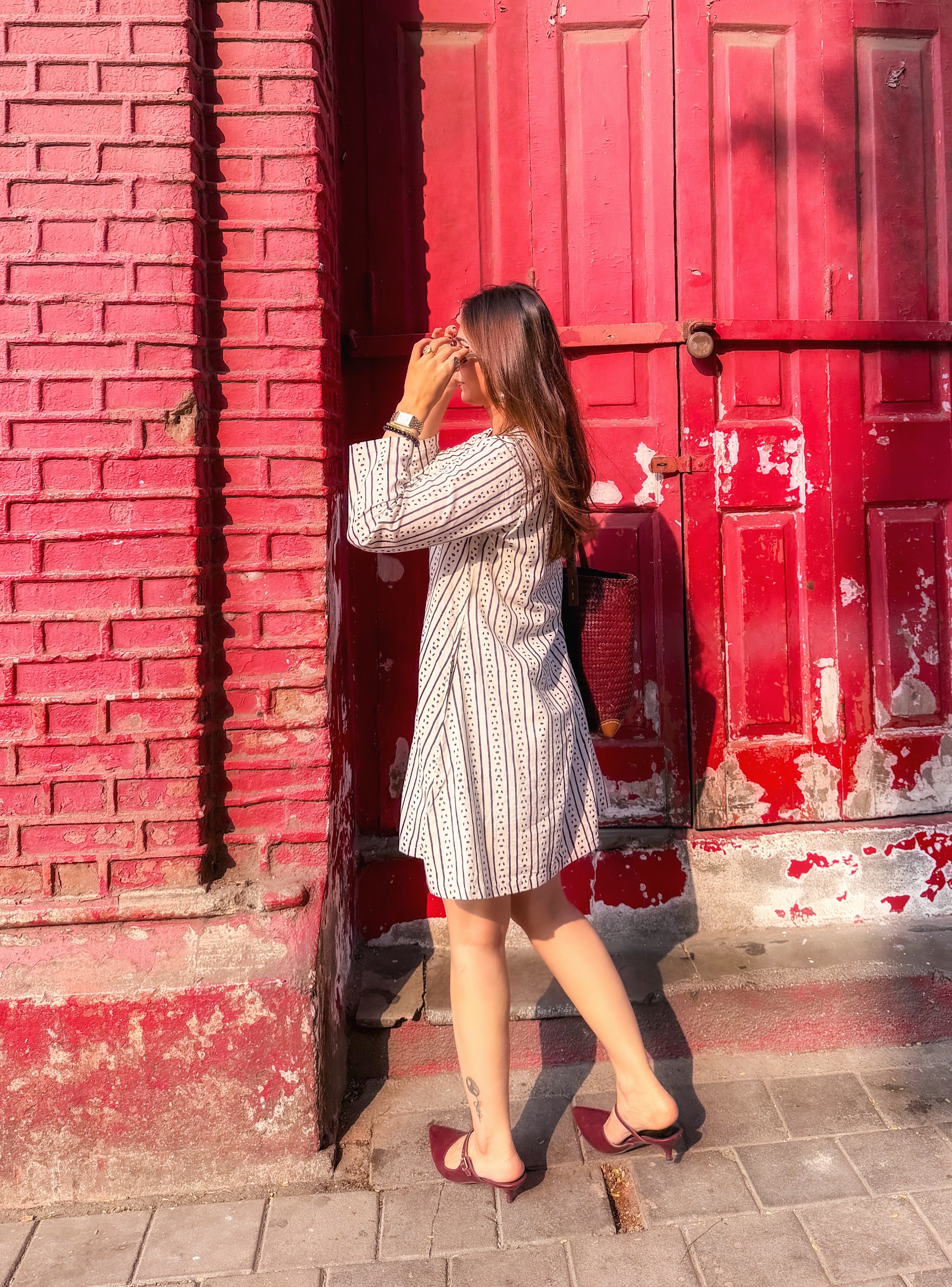 Jaipuri Stripes Block Print Cotton A Line Dress