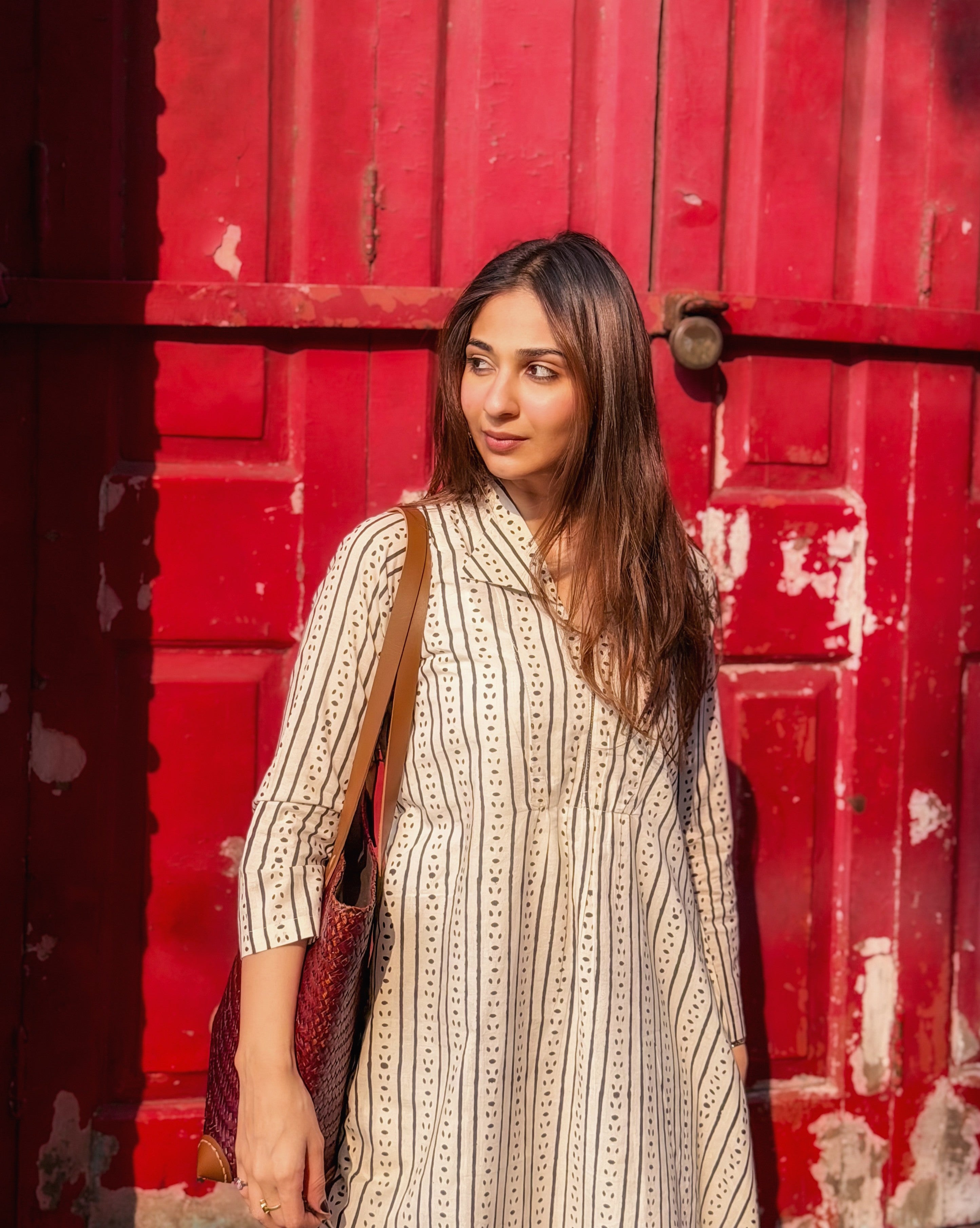 Jaipuri Stripes Block Print Cotton A Line Dress