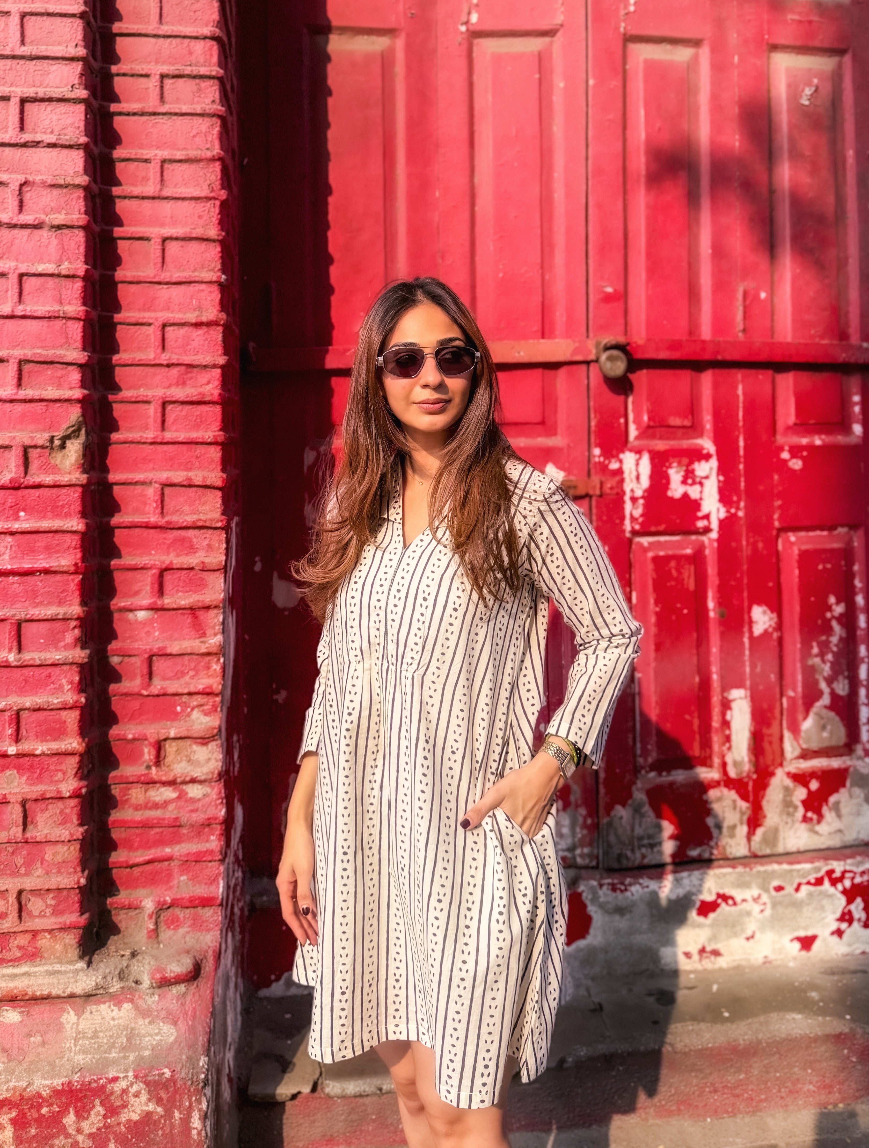 Jaipuri Stripes Block Print Cotton A Line Dress
