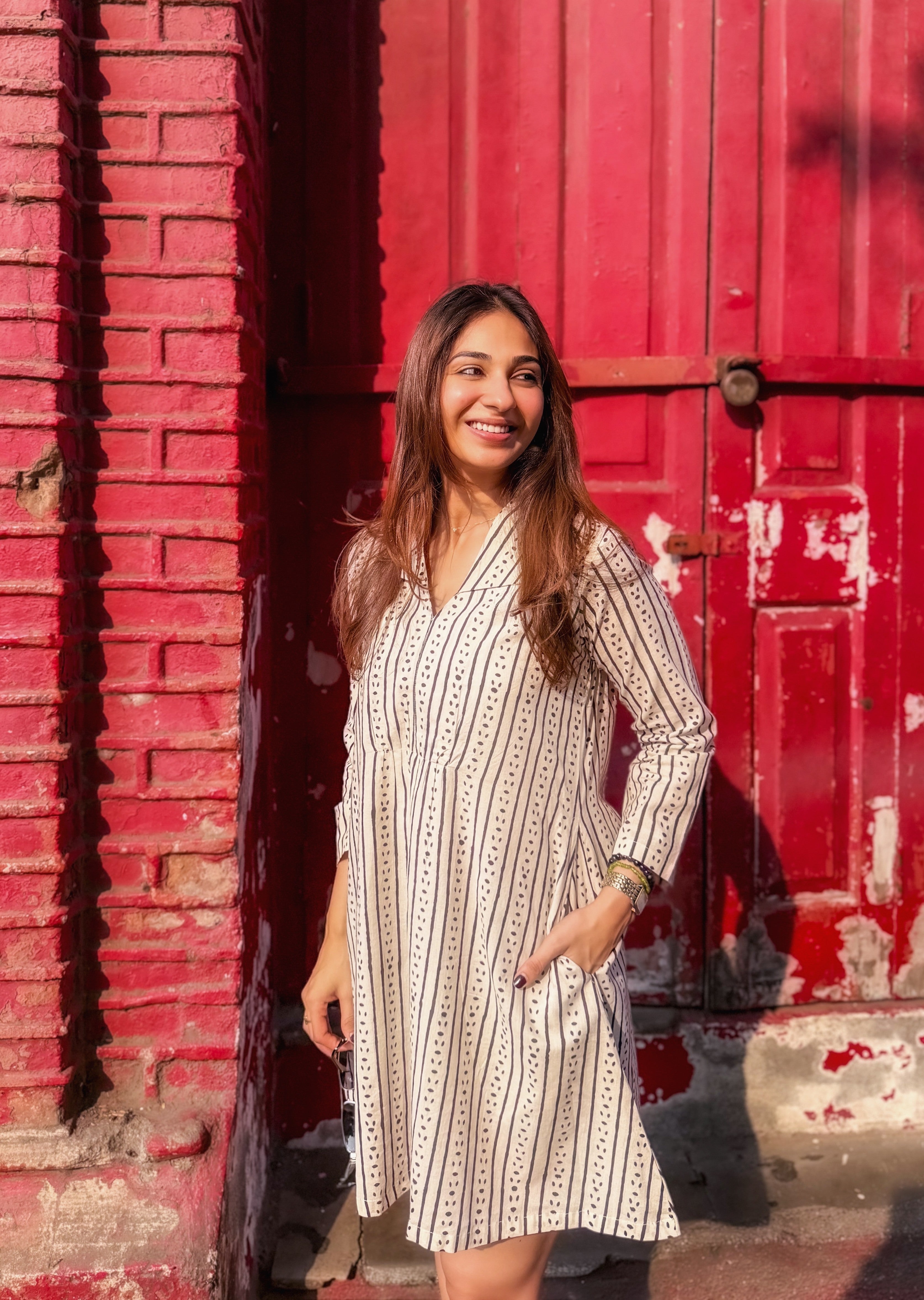 Jaipuri Stripes Block Print Cotton A Line Dress