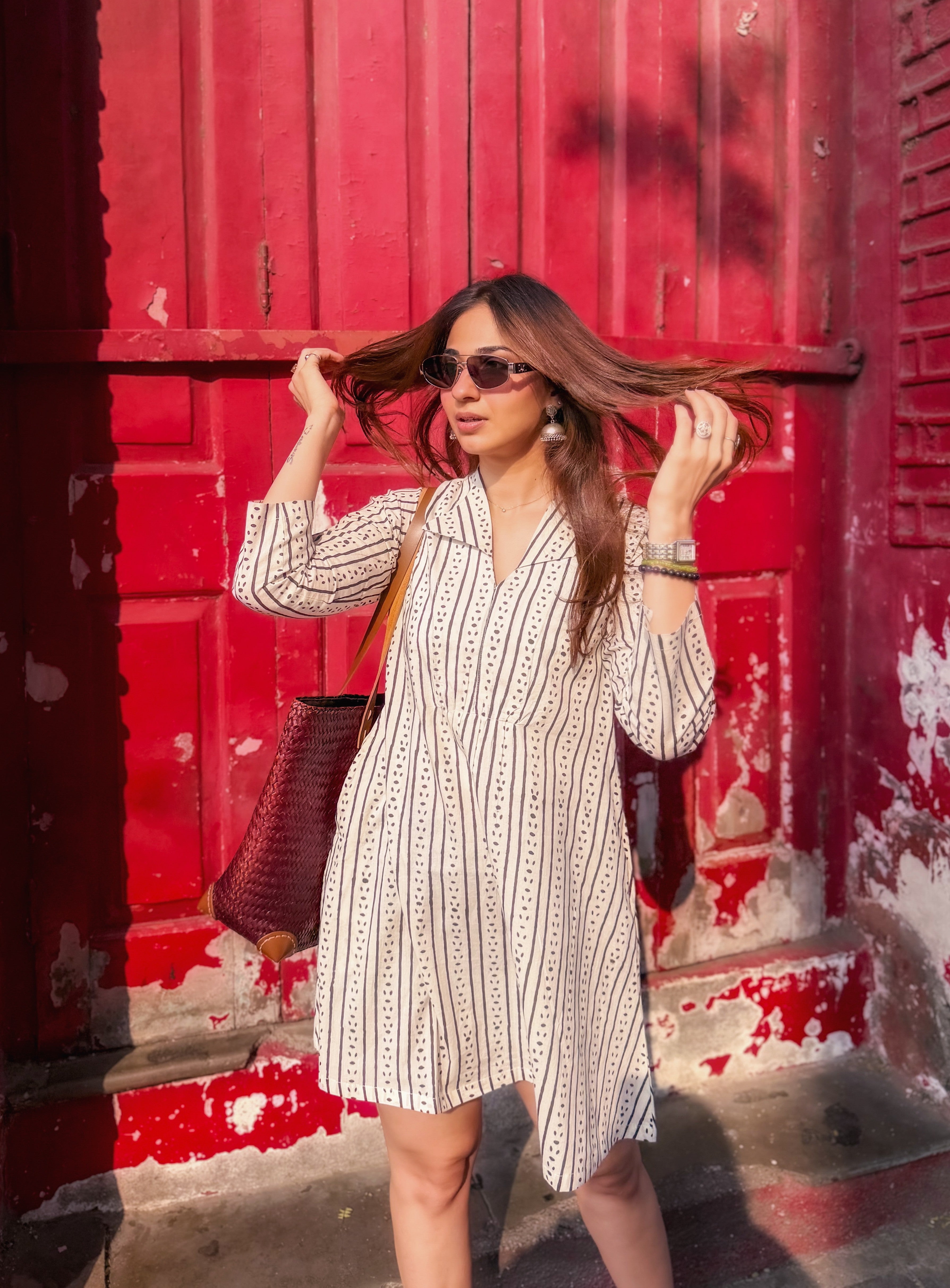 Jaipuri Stripes Block Print Cotton A Line Dress