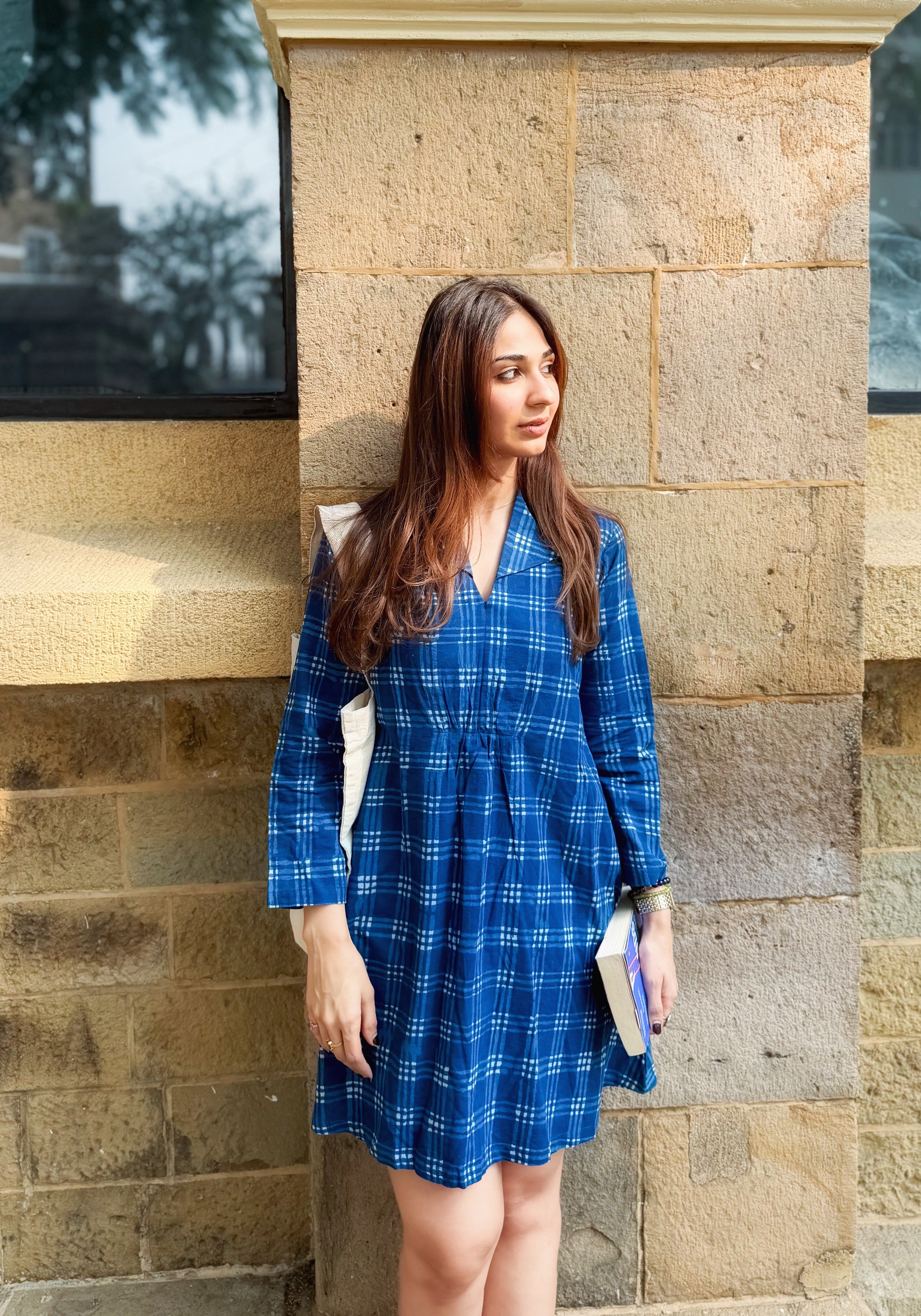 Indigo Checks Block Print Cotton A Line Dress