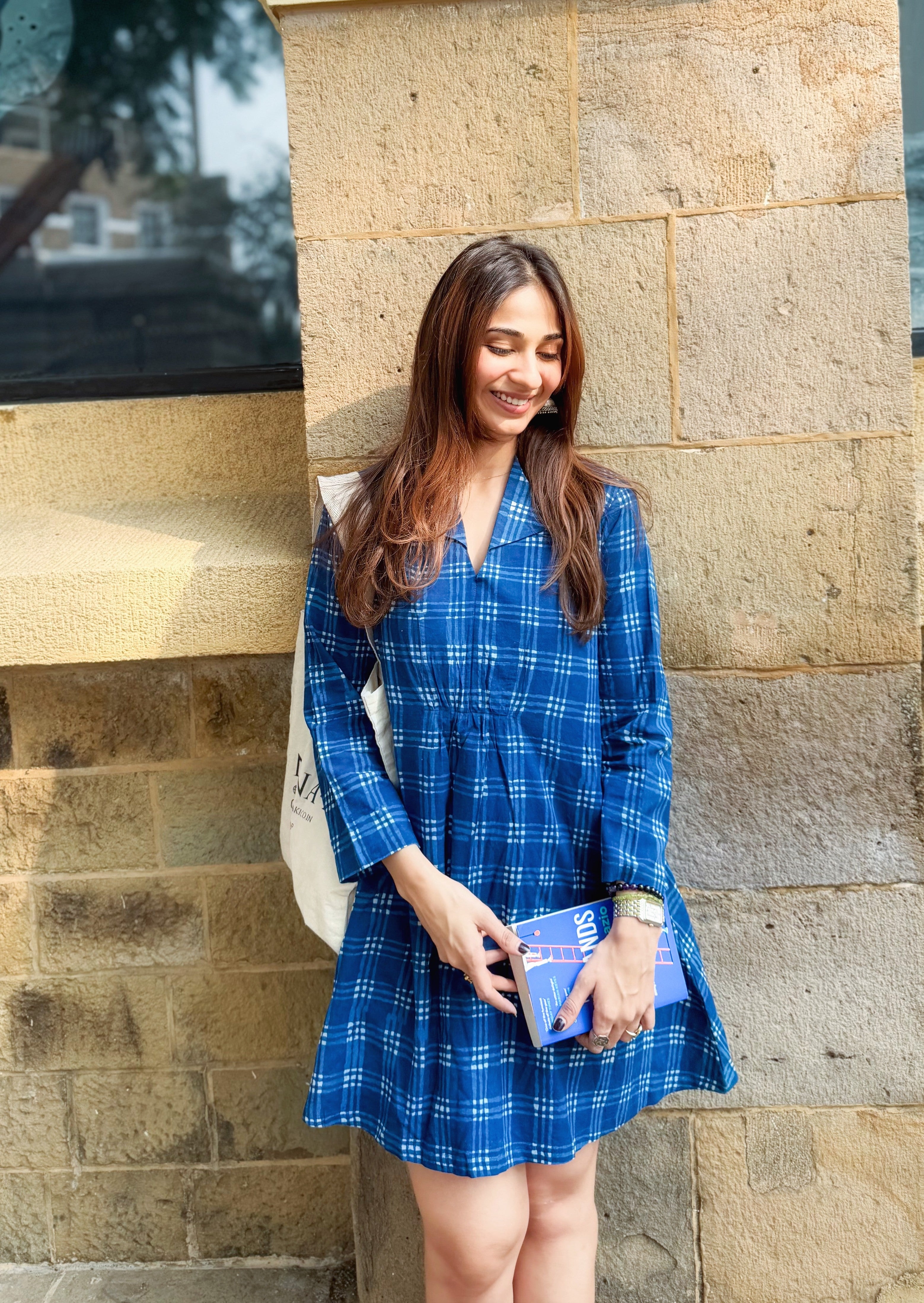 Indigo Checks Block Print Cotton A Line Dress