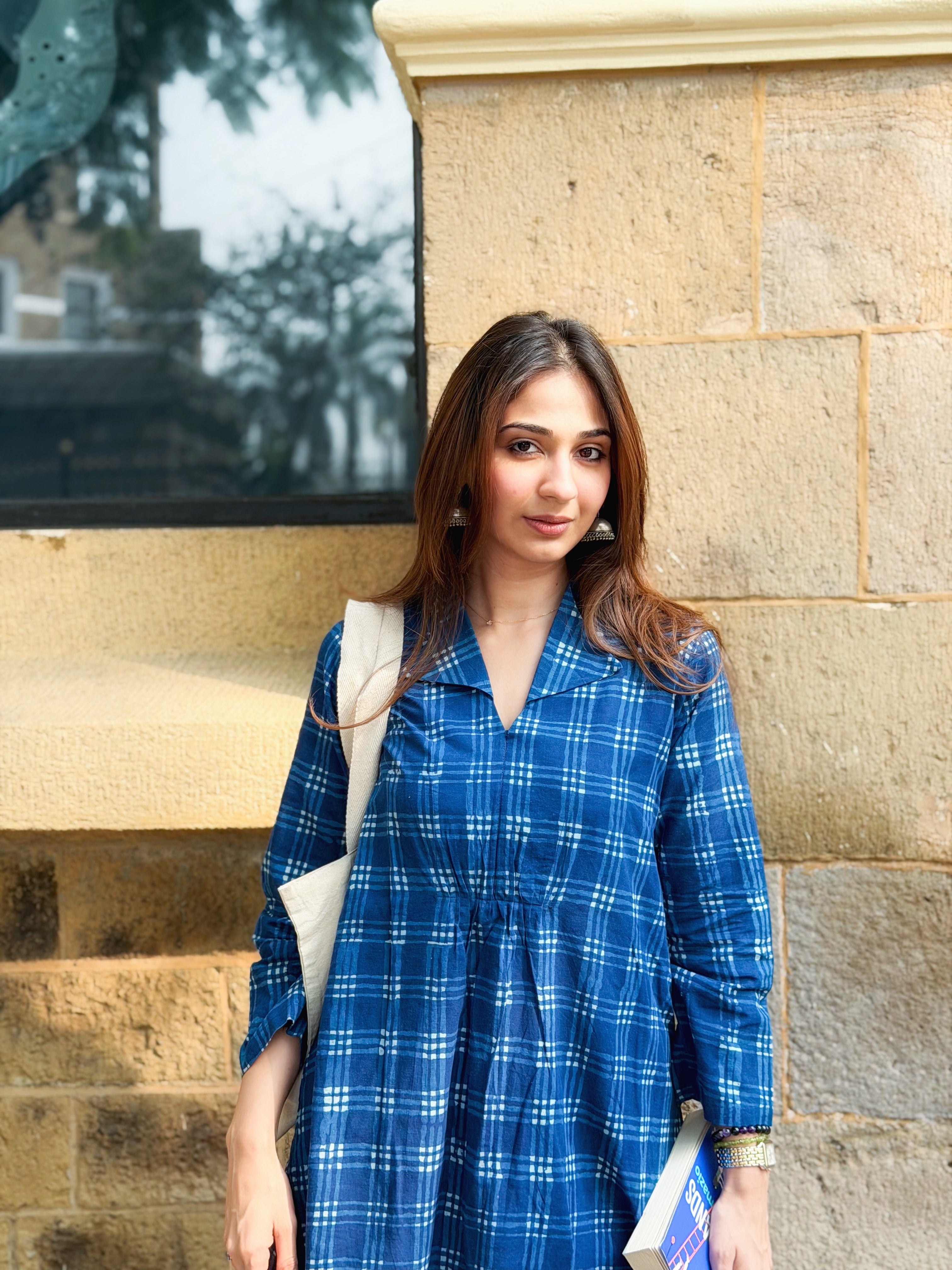 Indigo Checks Block Print Cotton A Line Dress