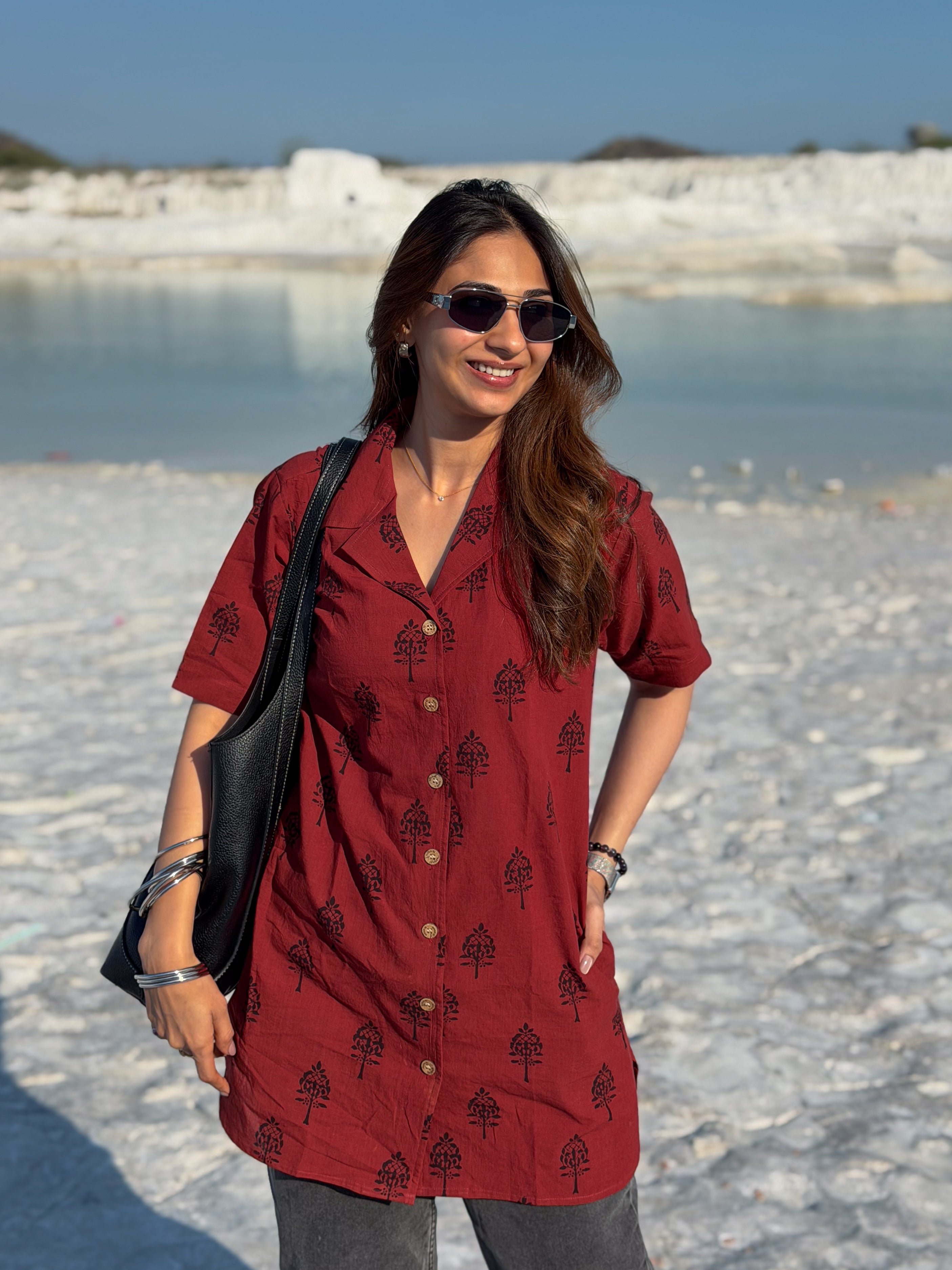 Laal Ajrakh Floral Handblock Cotton Shirt Kurti