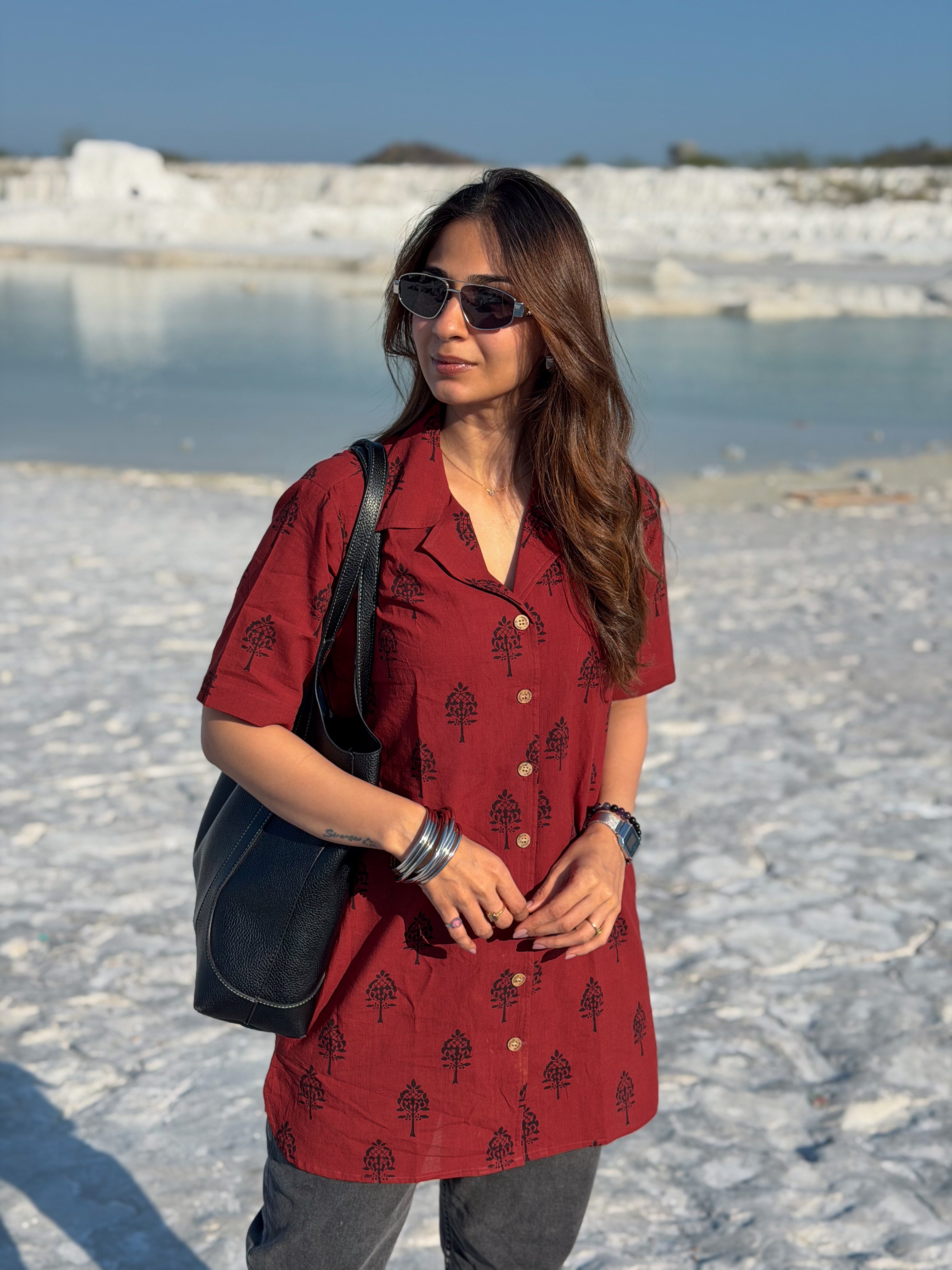 Laal Ajrakh Floral Handblock Cotton Shirt Kurti