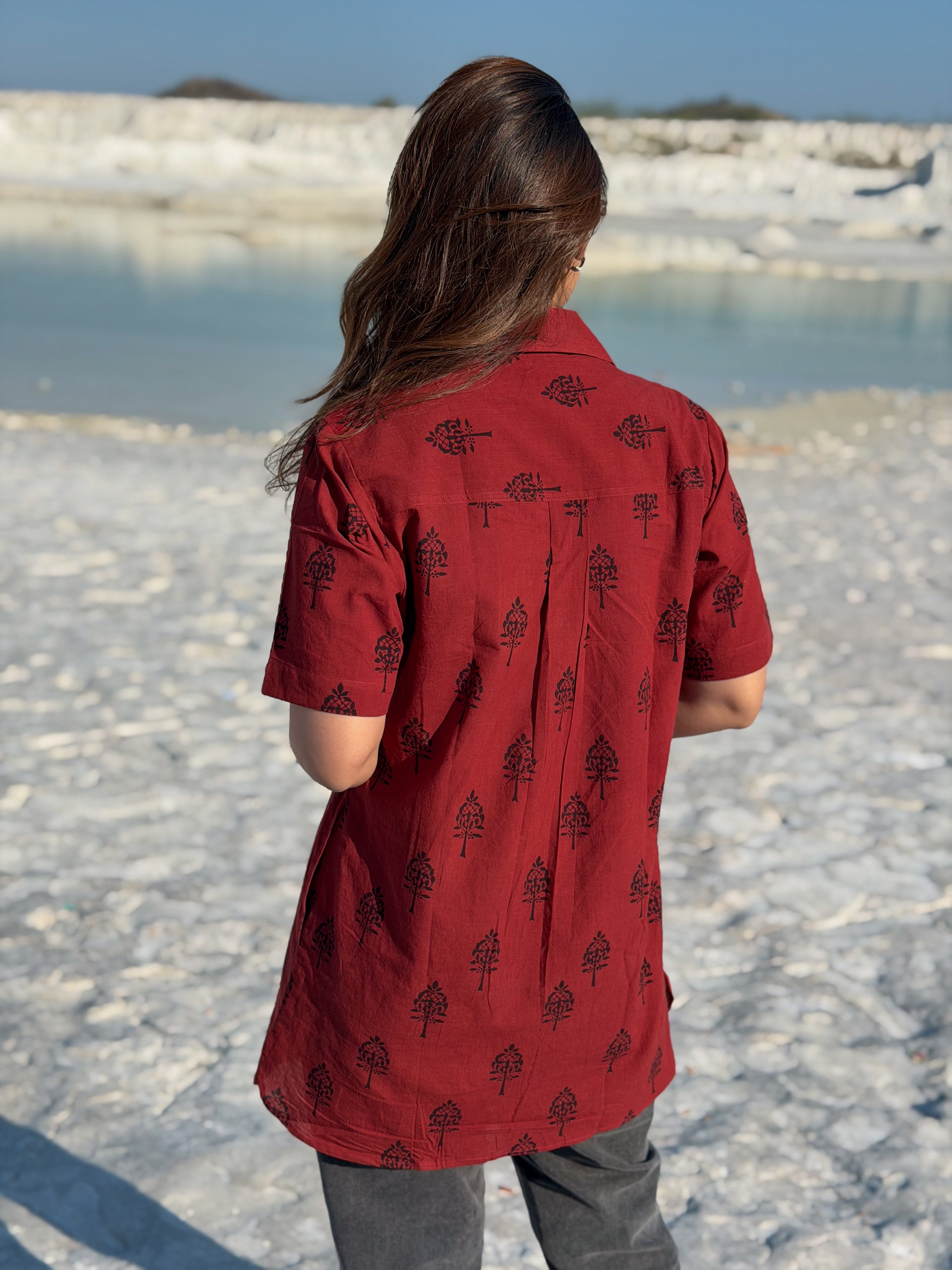 Laal Ajrakh Floral Handblock Cotton Shirt Kurti