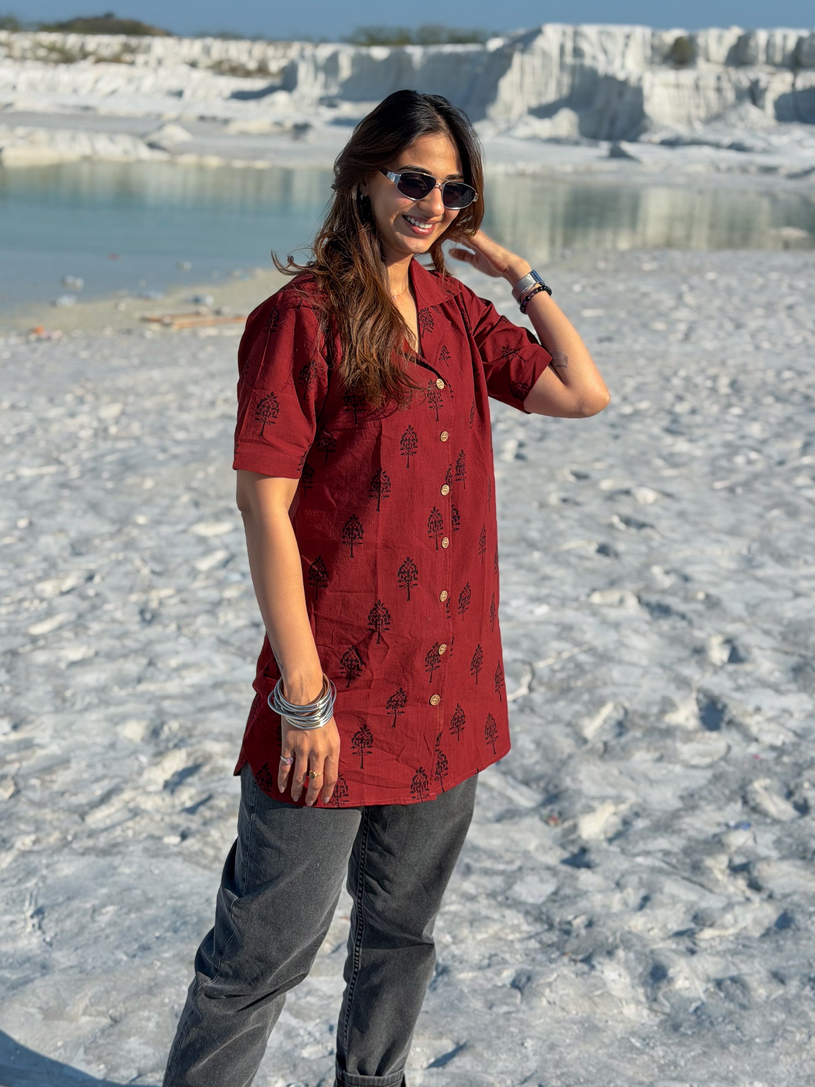 Laal Ajrakh Floral Handblock Cotton Shirt Kurti