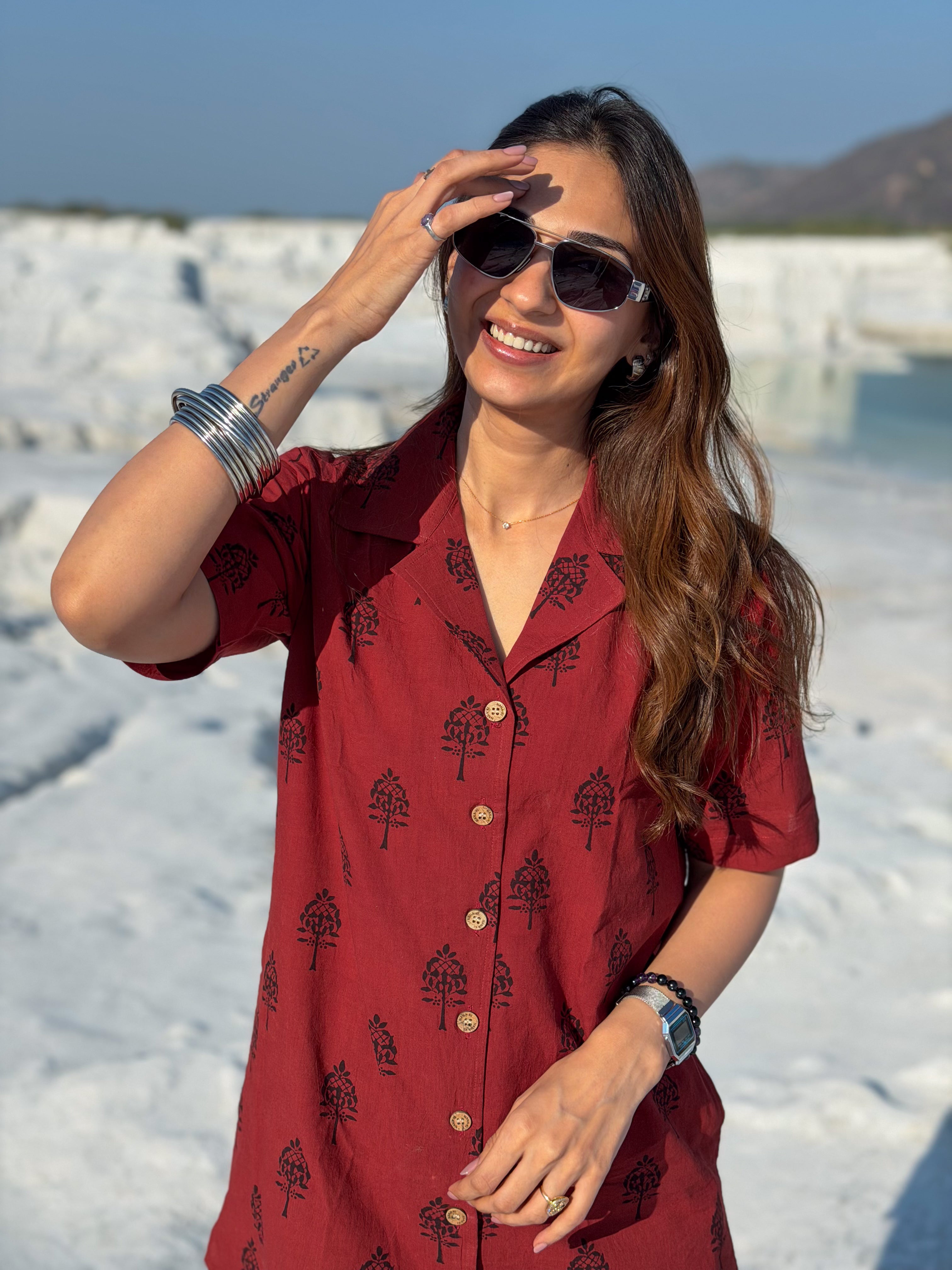 Laal Ajrakh Floral Handblock Cotton Shirt Kurti