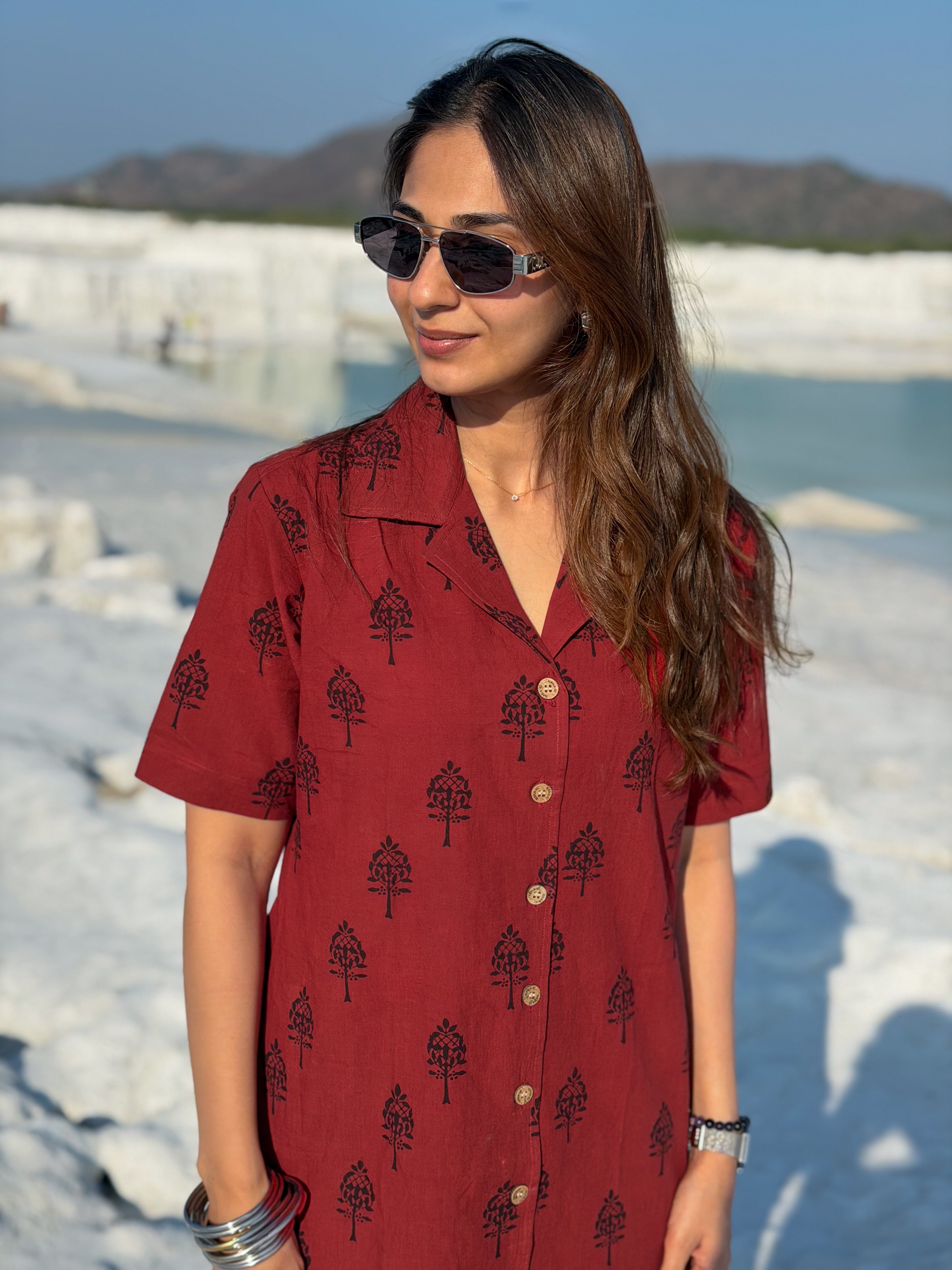 Laal Ajrakh Floral Handblock Cotton Shirt Kurti