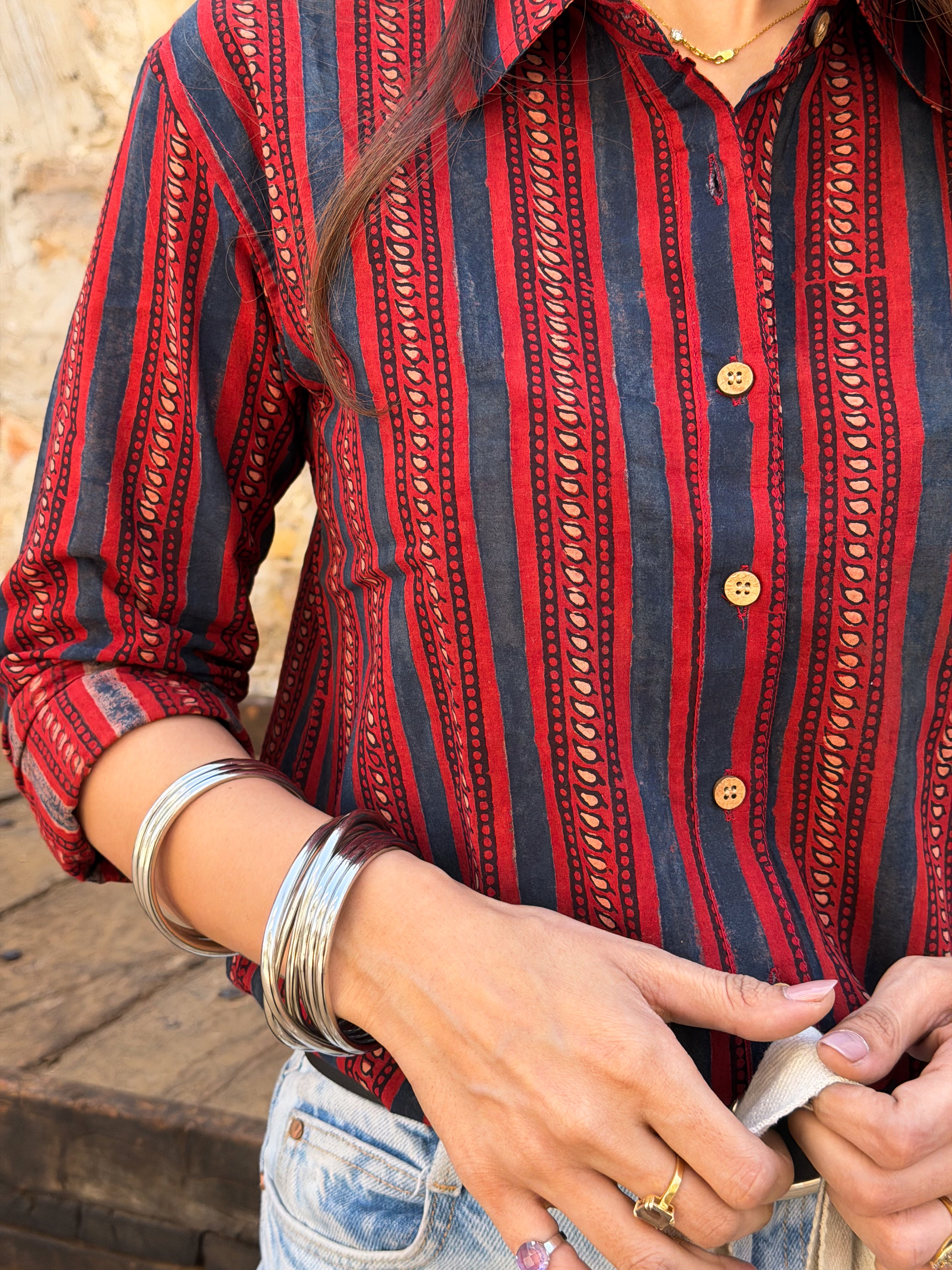 Red Ajrakh Stripe Handblock Cotton Shirt