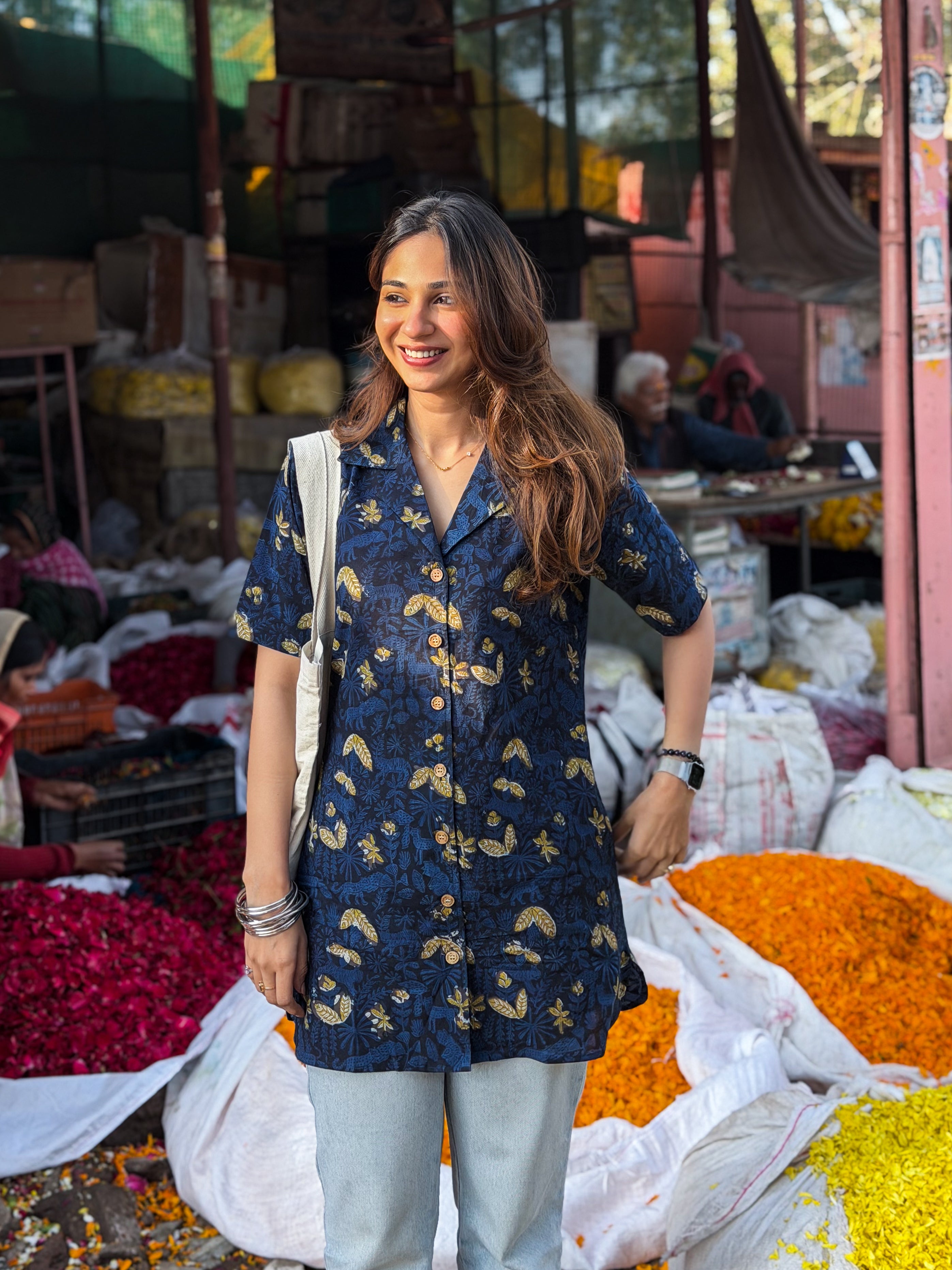 Navy Gold Floral Handblock Cotton Shirt Kurti