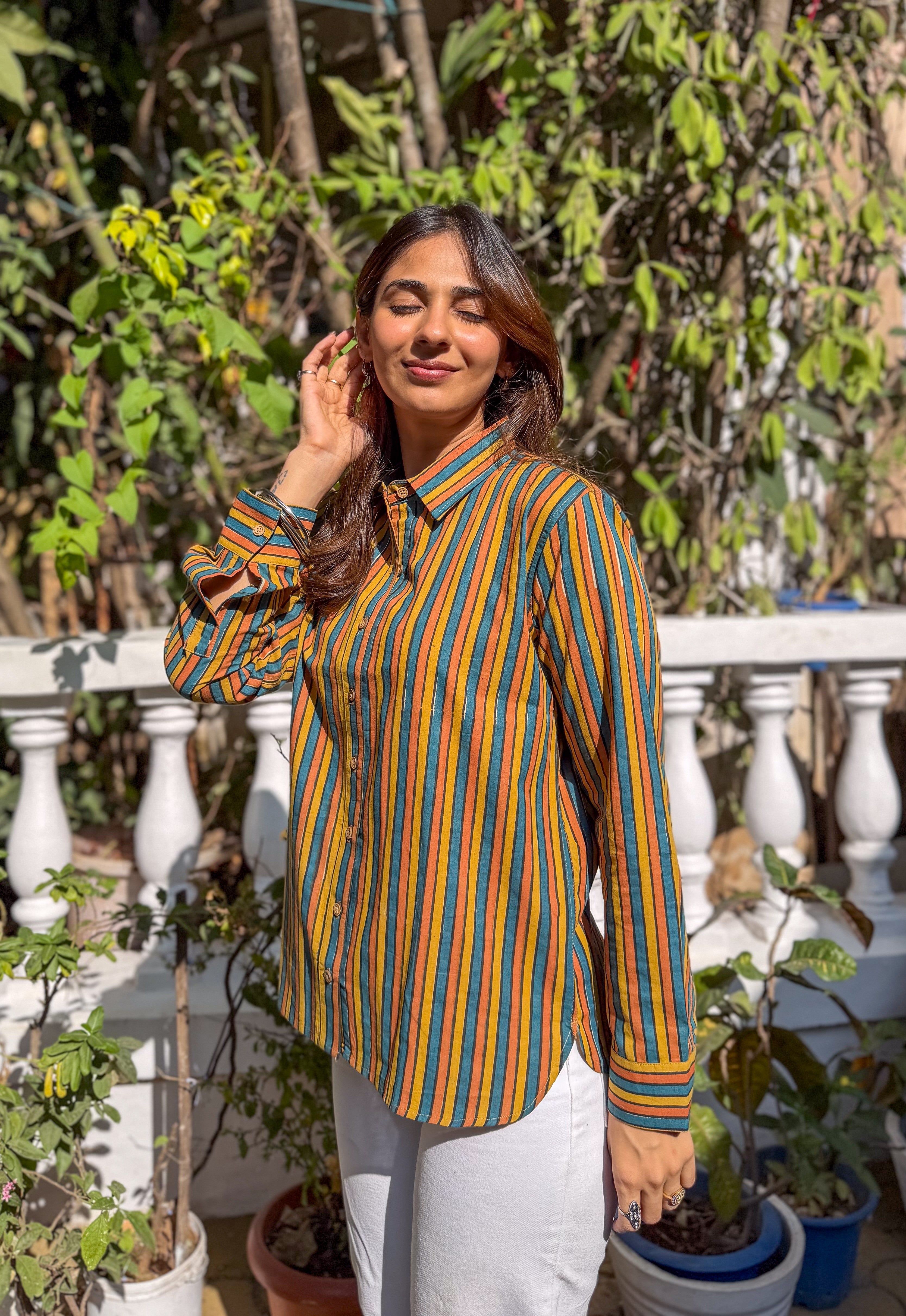 Jaipuri Rangeen Stripe Handblock Cotton Shirt