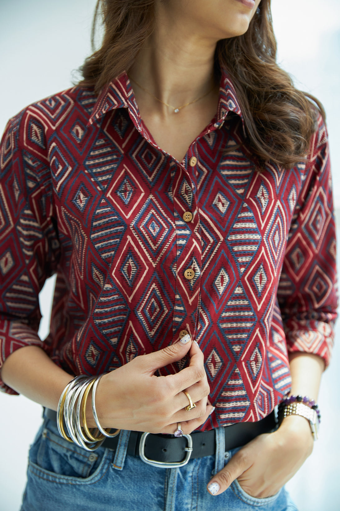 Red Diamond Handblock Cotton Shirt