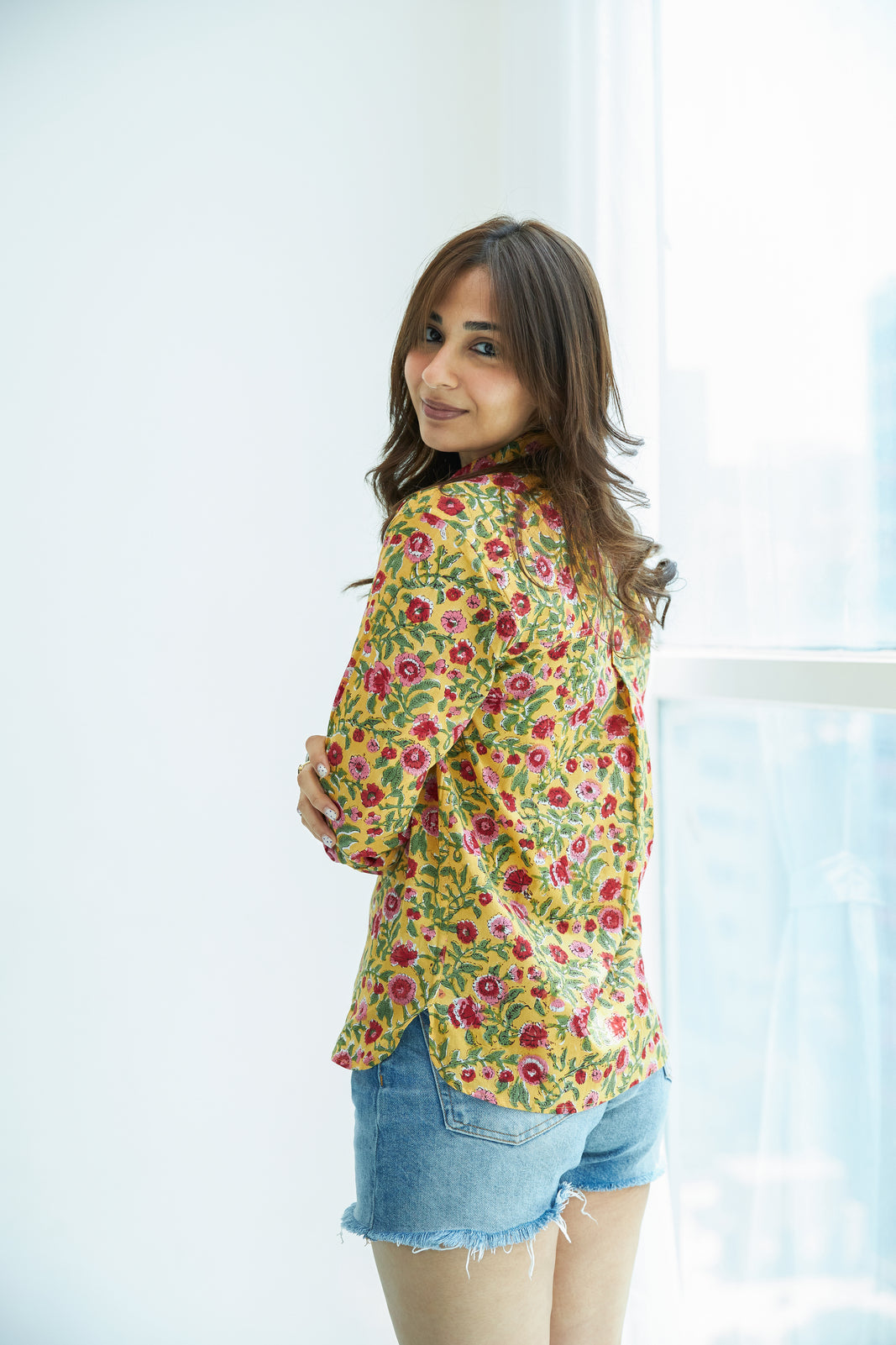 Mustard Floral Handblock Cotton Shirt
