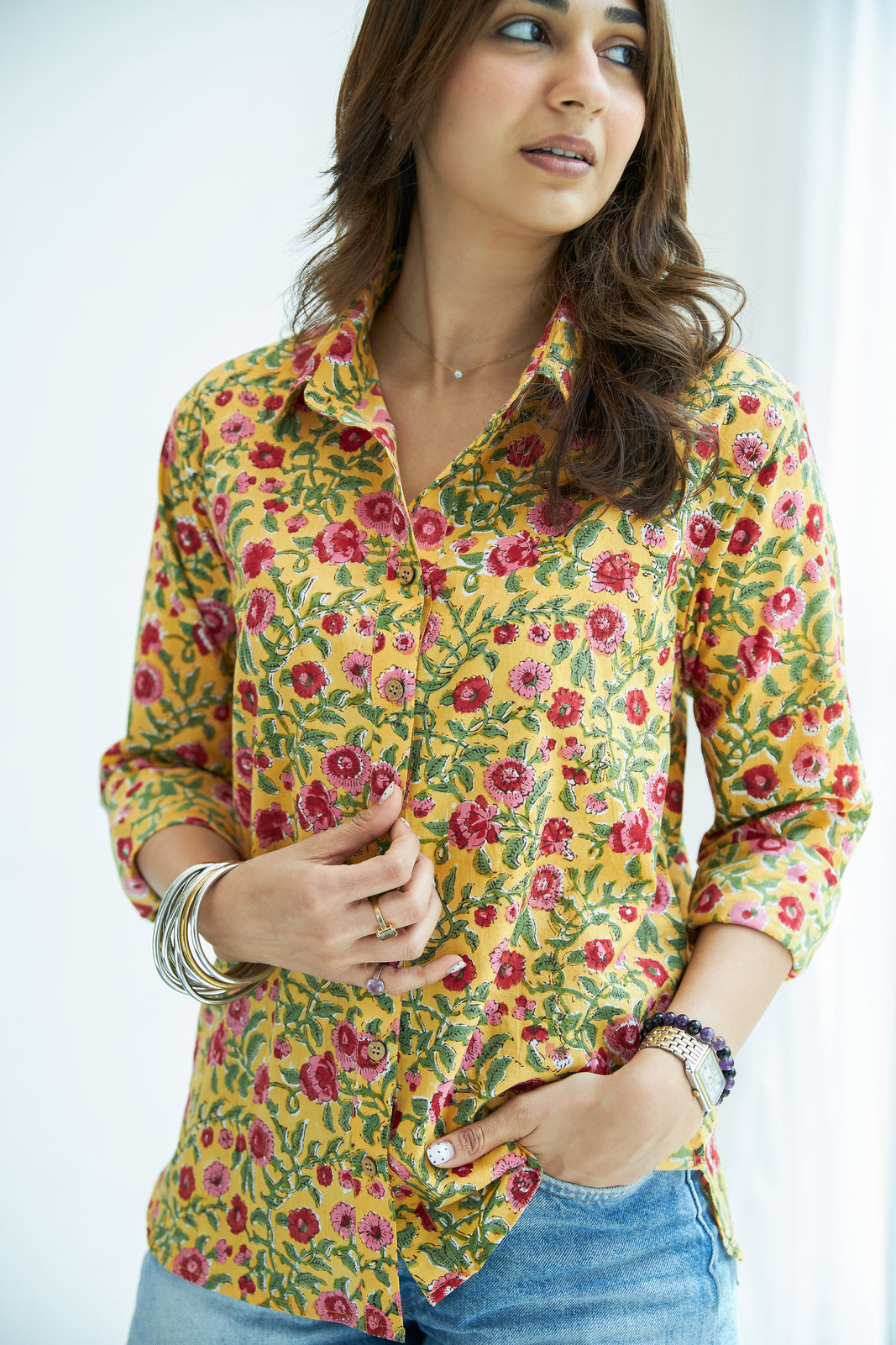Mustard Floral Handblock Cotton Shirt