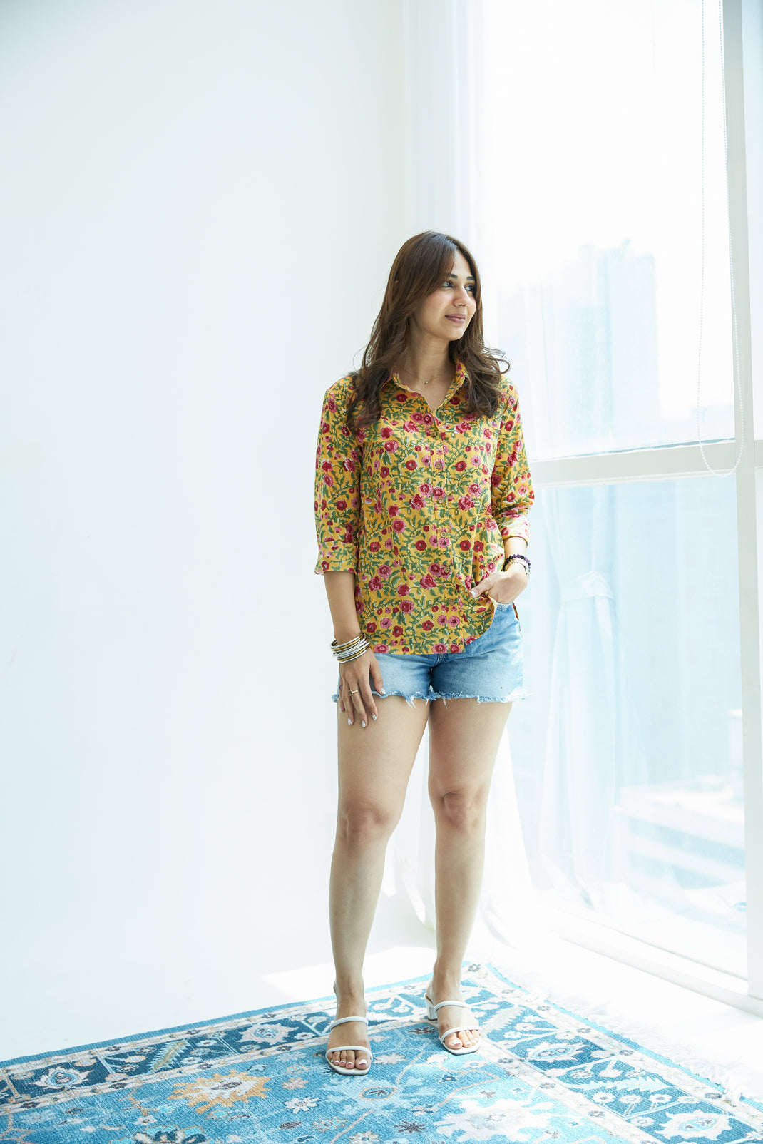 Mustard Floral Handblock Cotton Shirt
