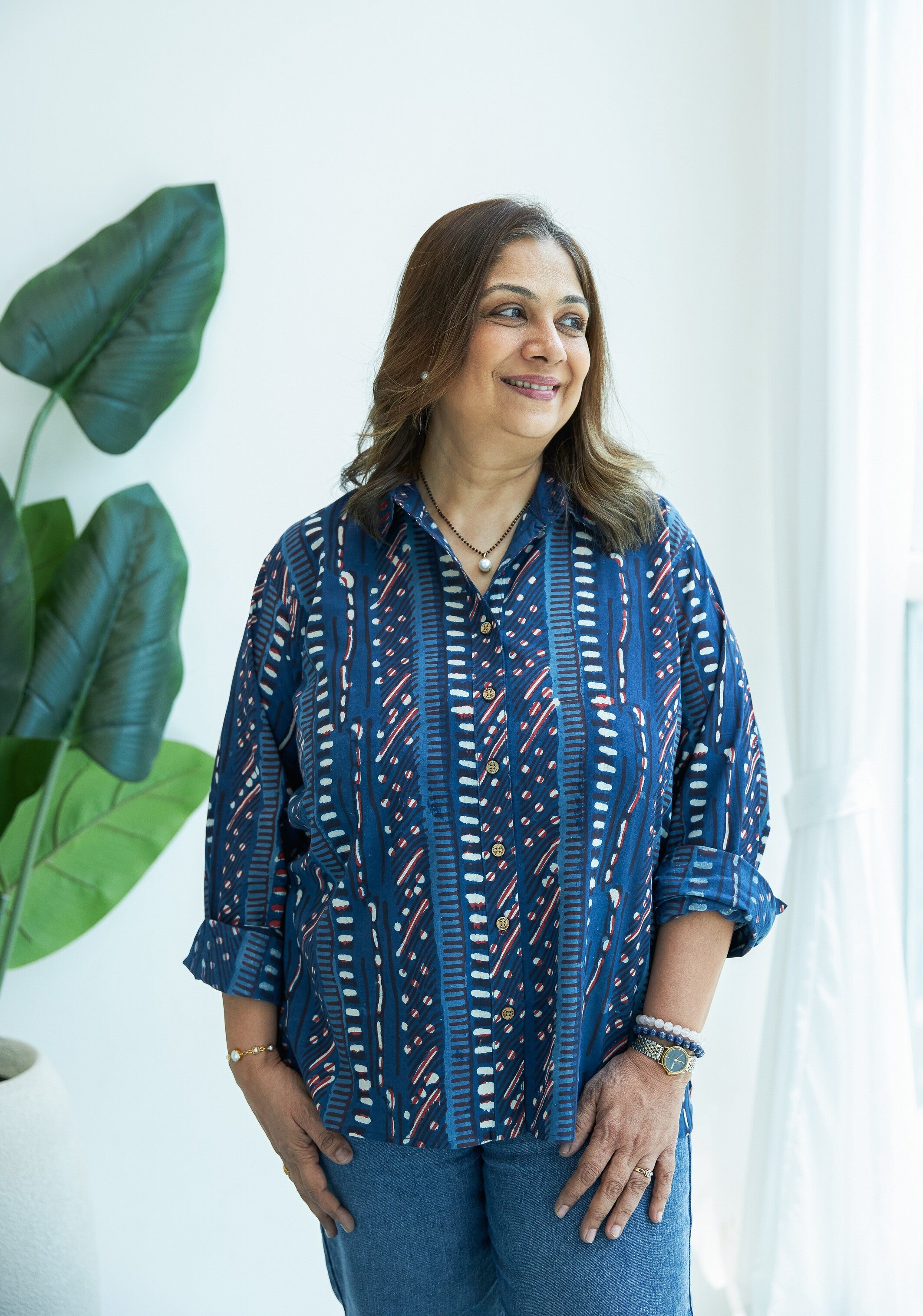 Indigo Stripe Block Print Cotton Shirt