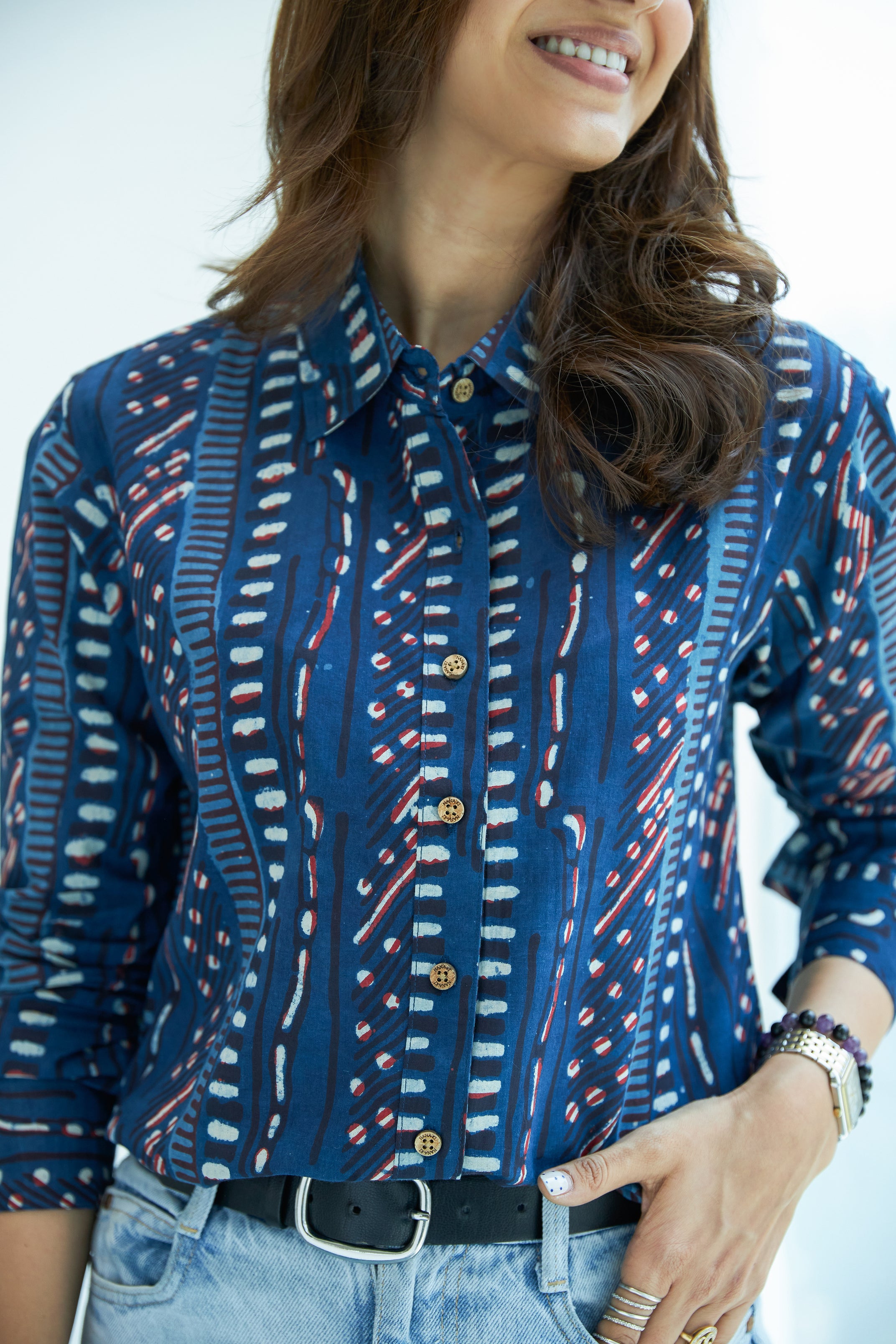 Indigo Stripe Block Print Cotton Shirt