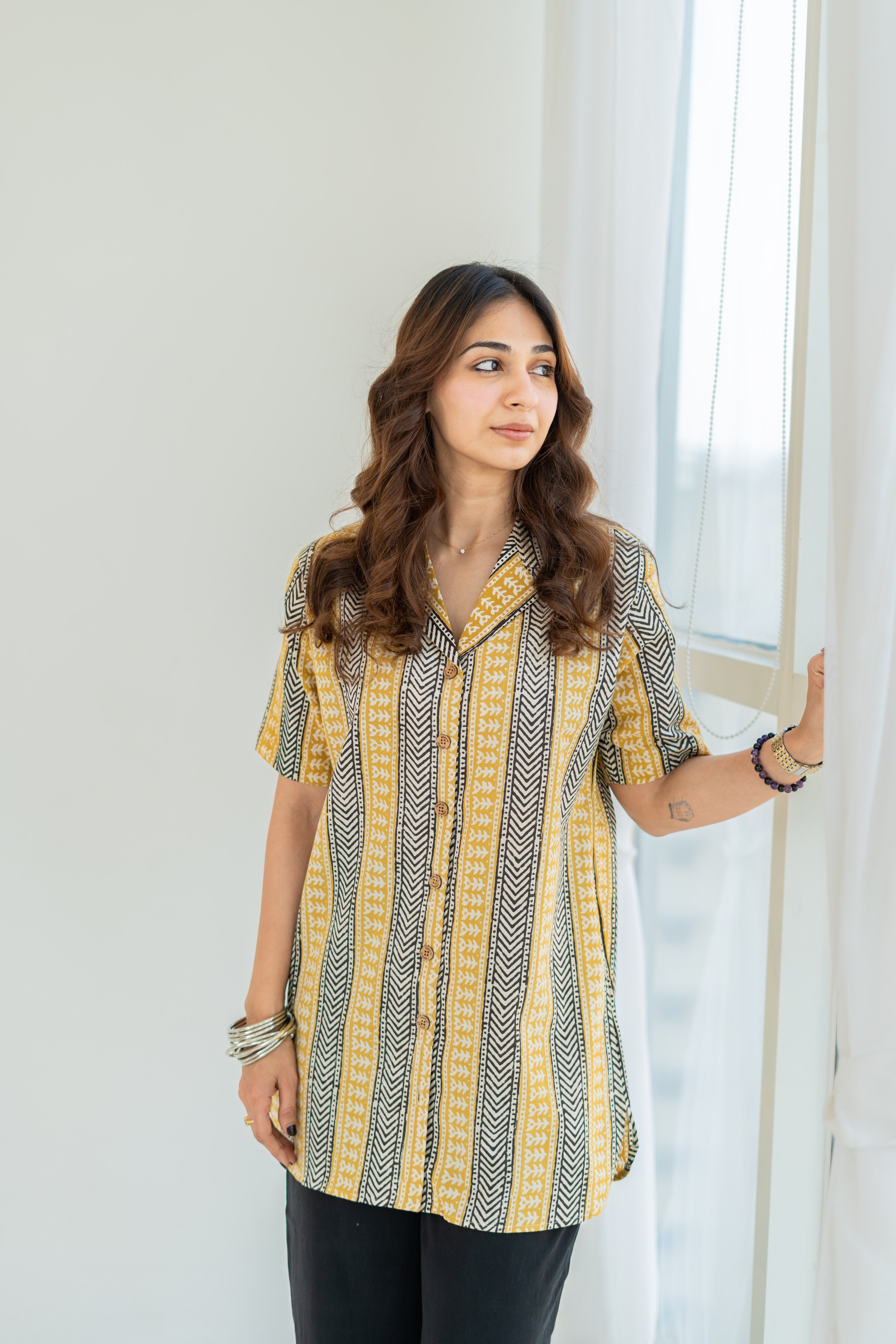 Ajrakh Yellow Stripe Handblock Cotton Shirt Kurti