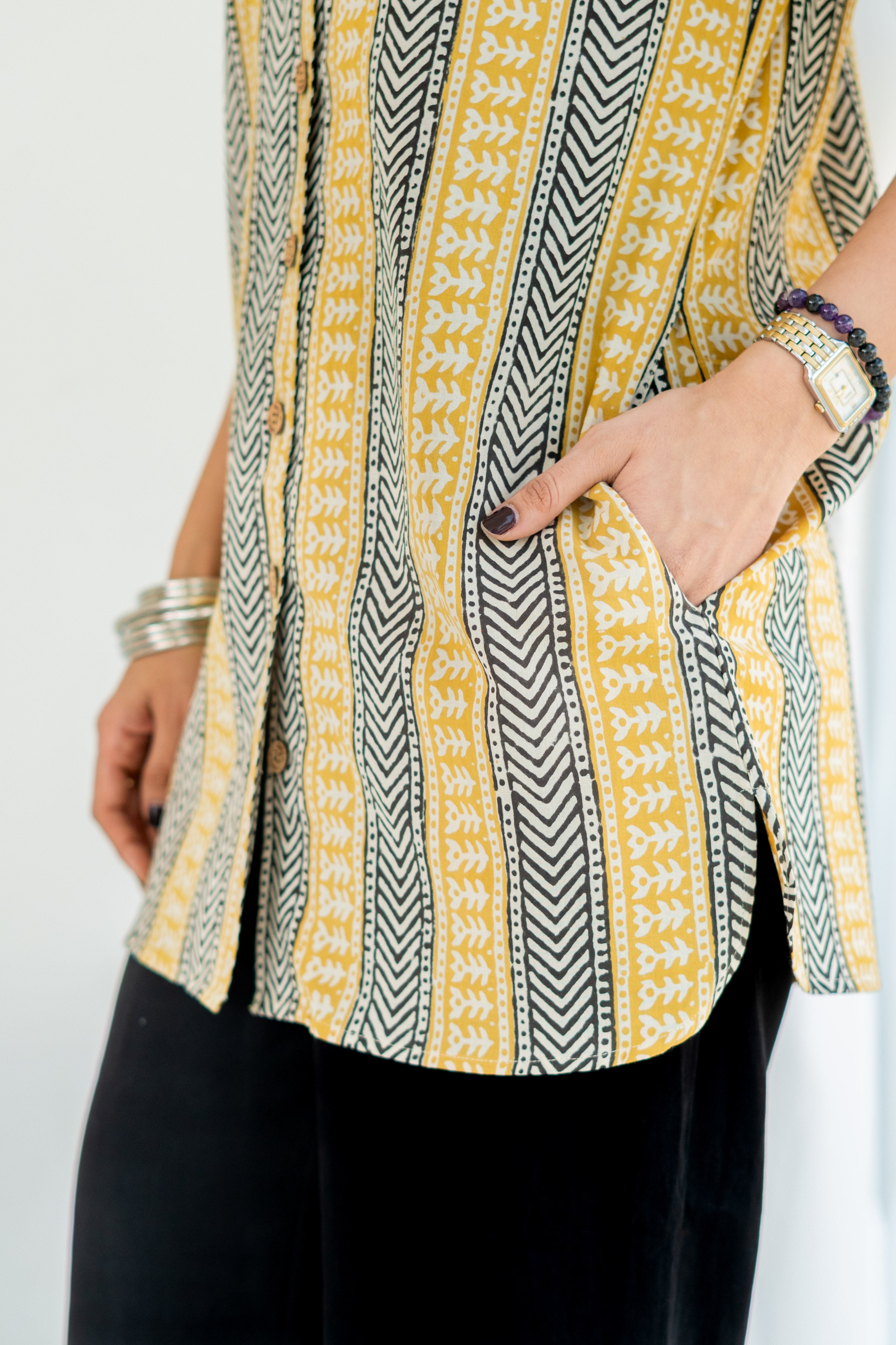 Ajrakh Yellow Stripe Handblock Cotton Shirt Kurti