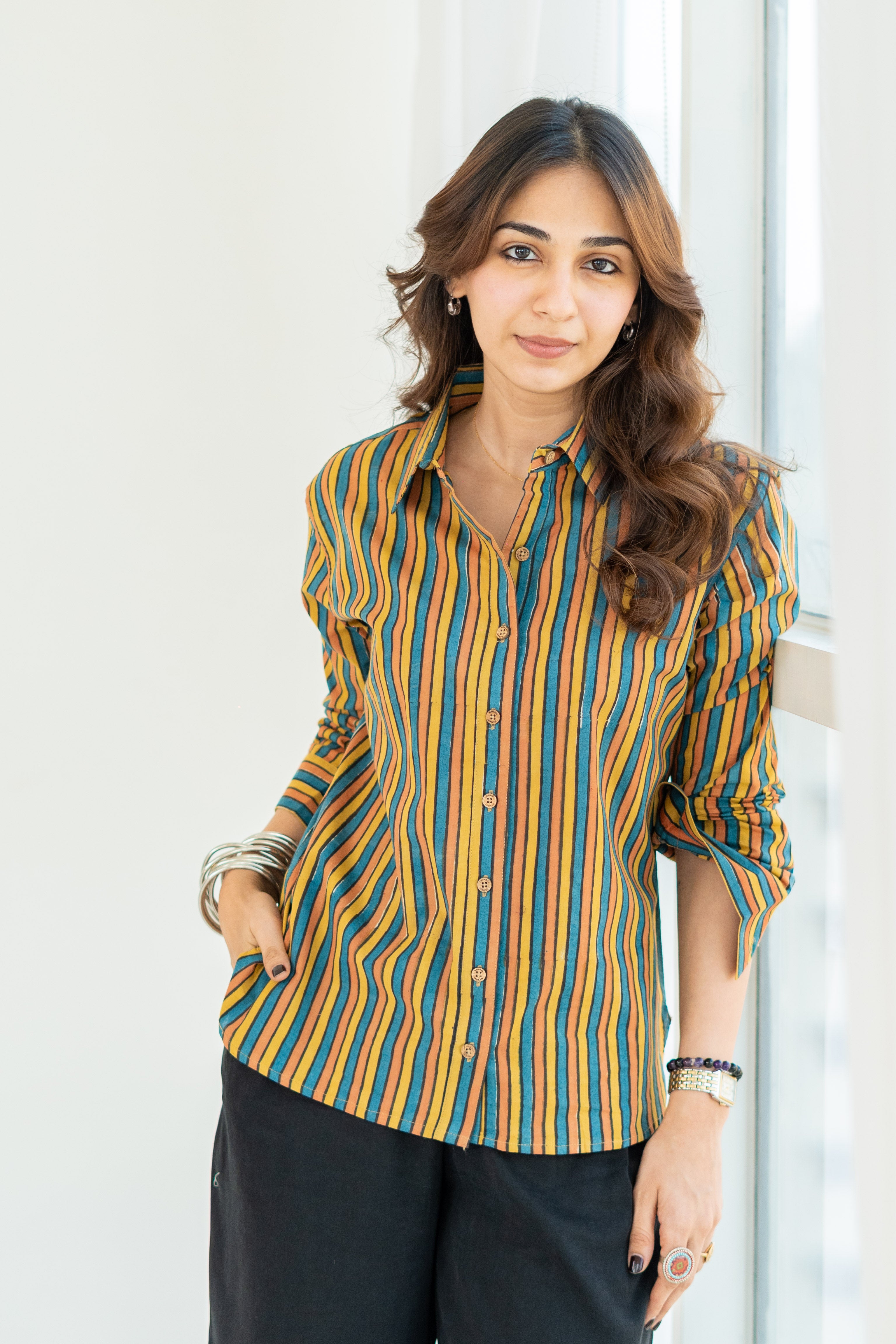 Jaipuri Rangeen Stripe Handblock Cotton Shirt