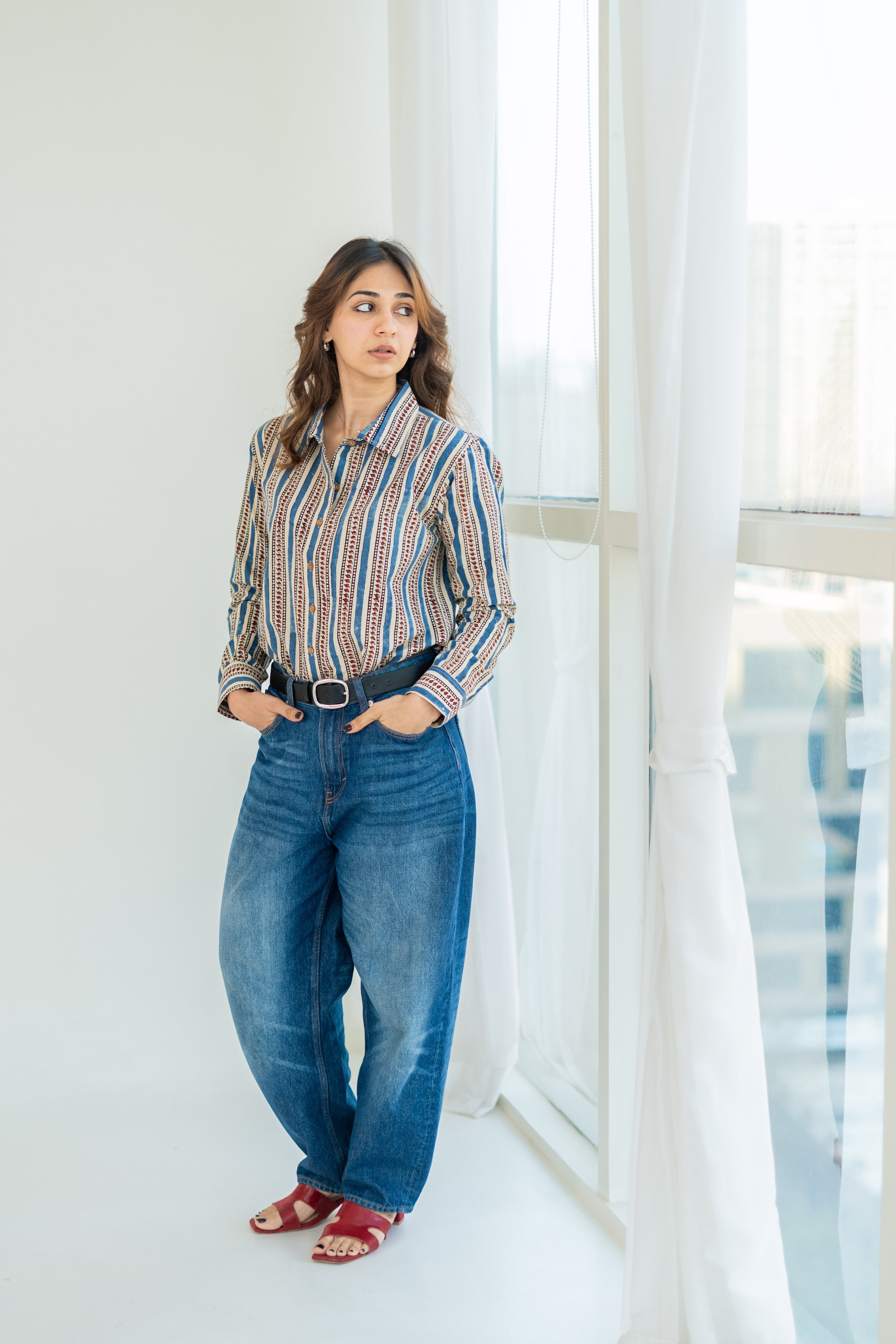 Ajrakh Motif Stripe Handblock Cotton Shirt