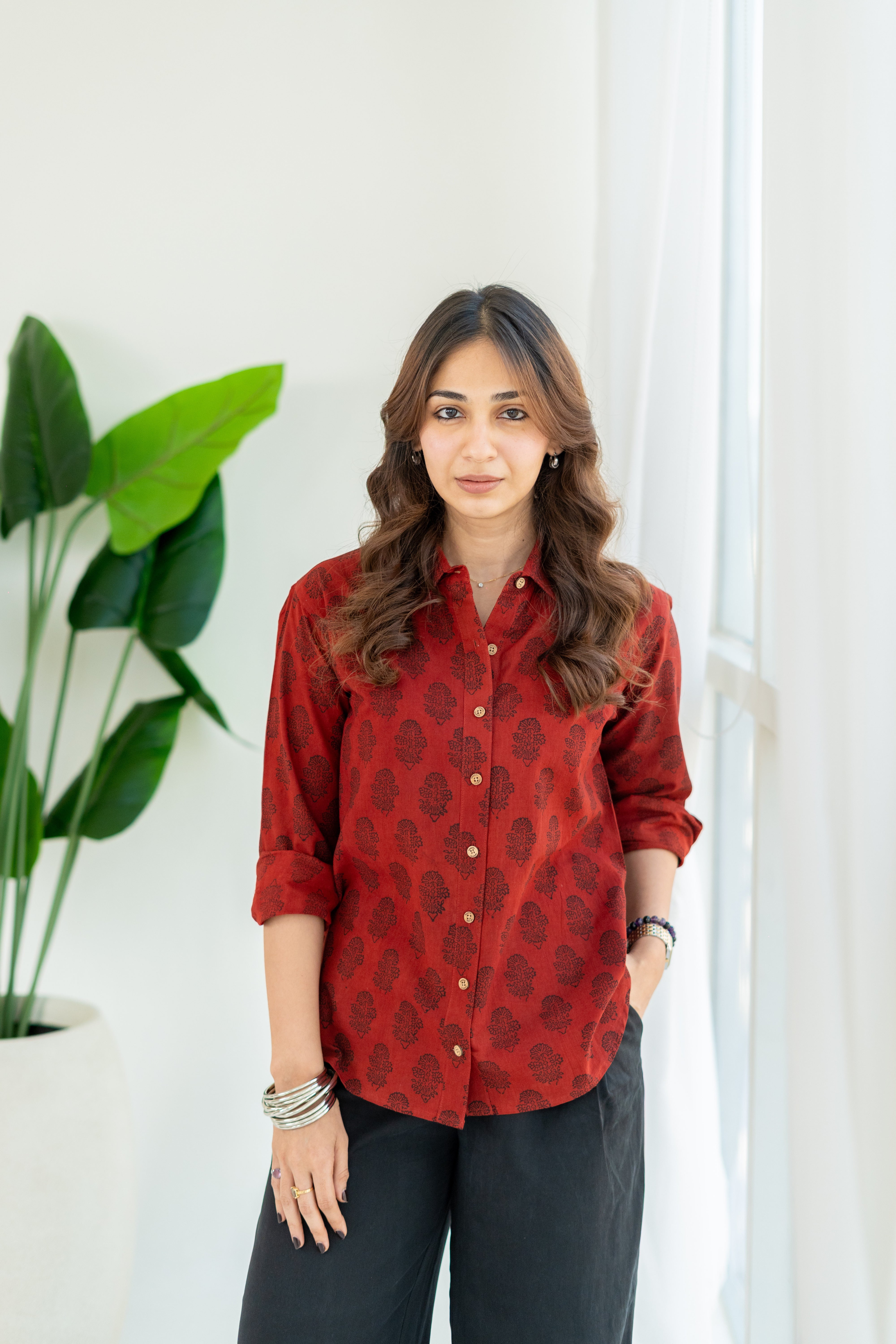 Rubia Red Ajrakh Handblock Cotton Shirt