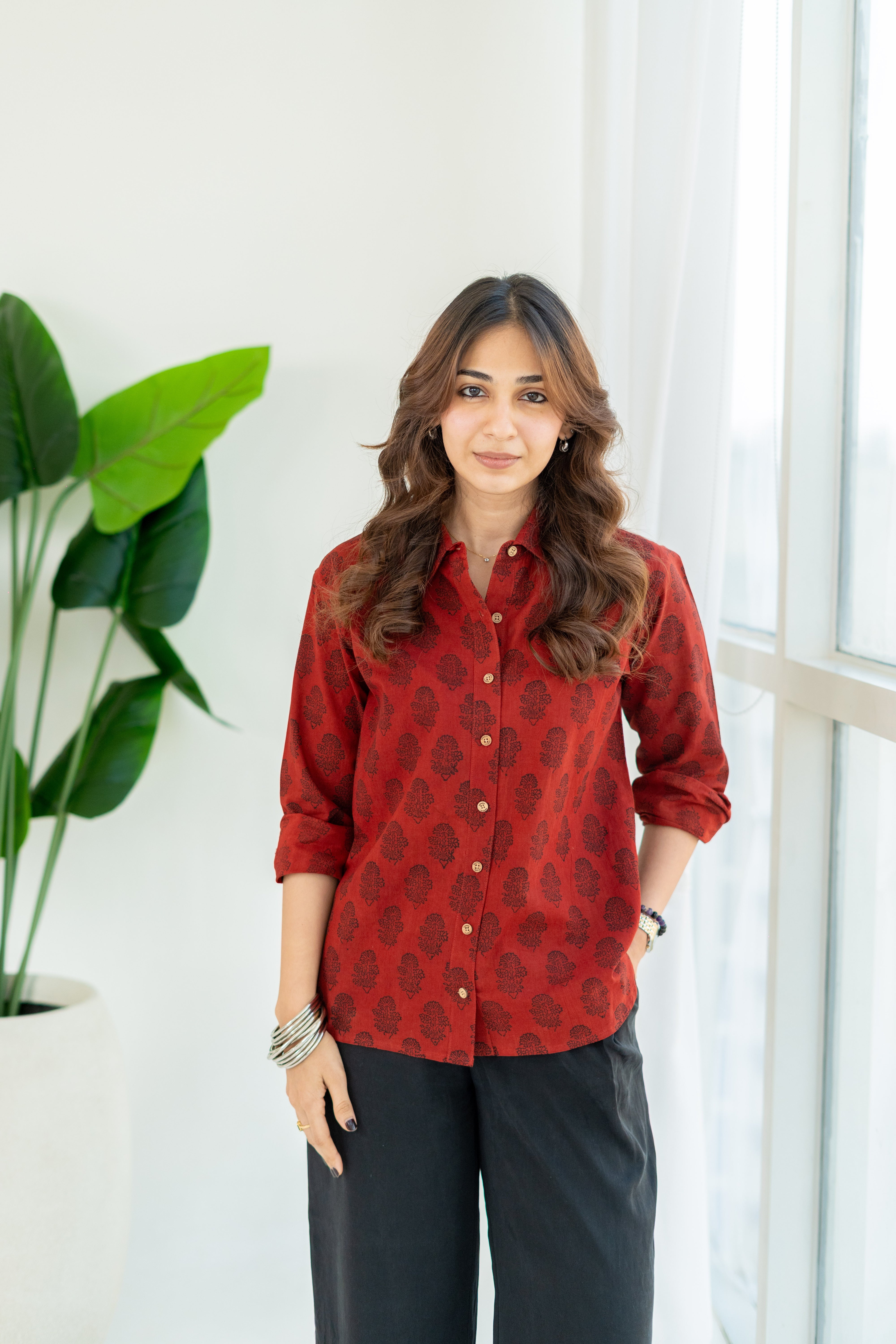 Rubia Red Ajrakh Handblock Cotton Shirt