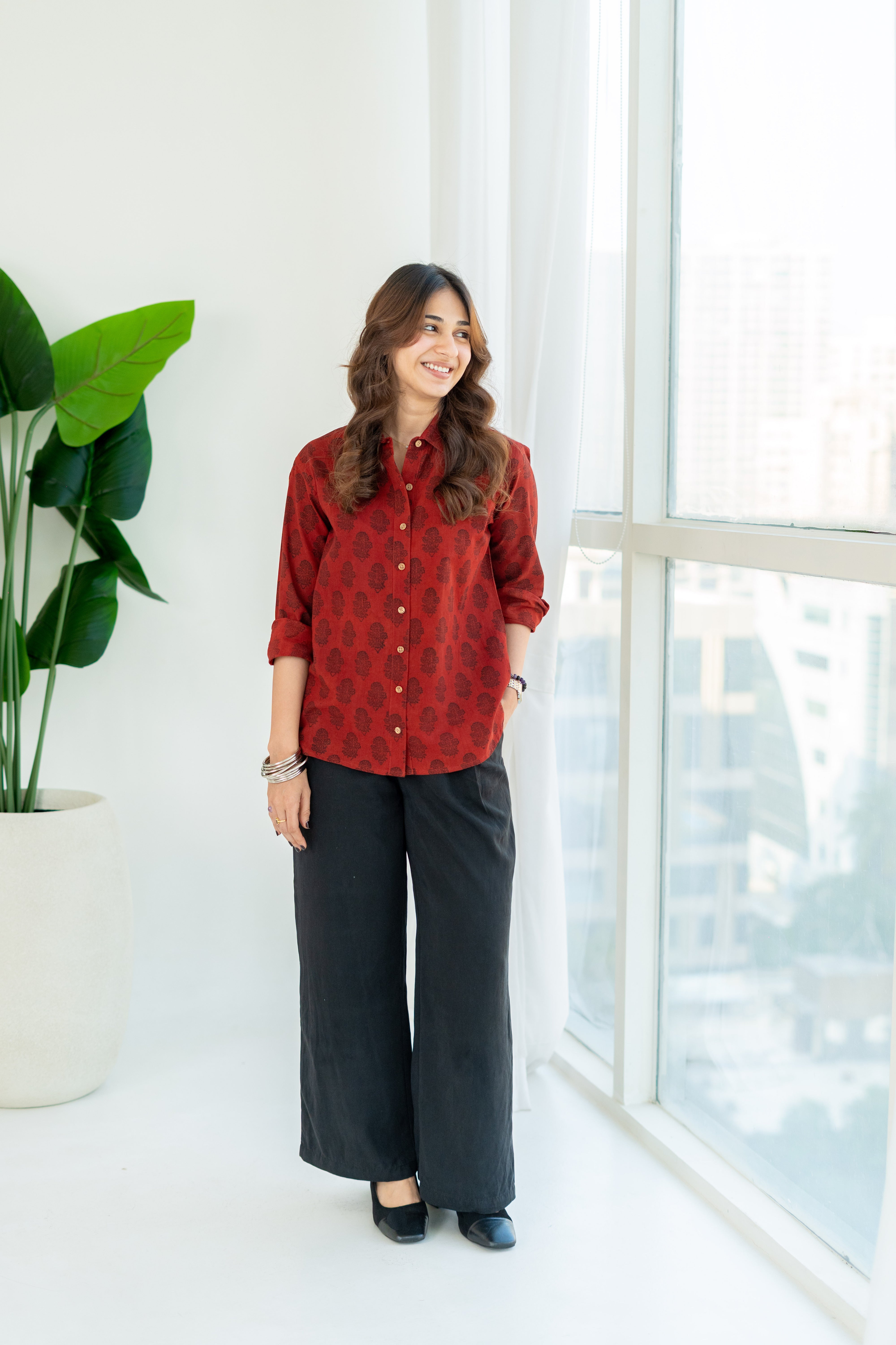 Rubia Red Ajrakh Handblock Cotton Shirt