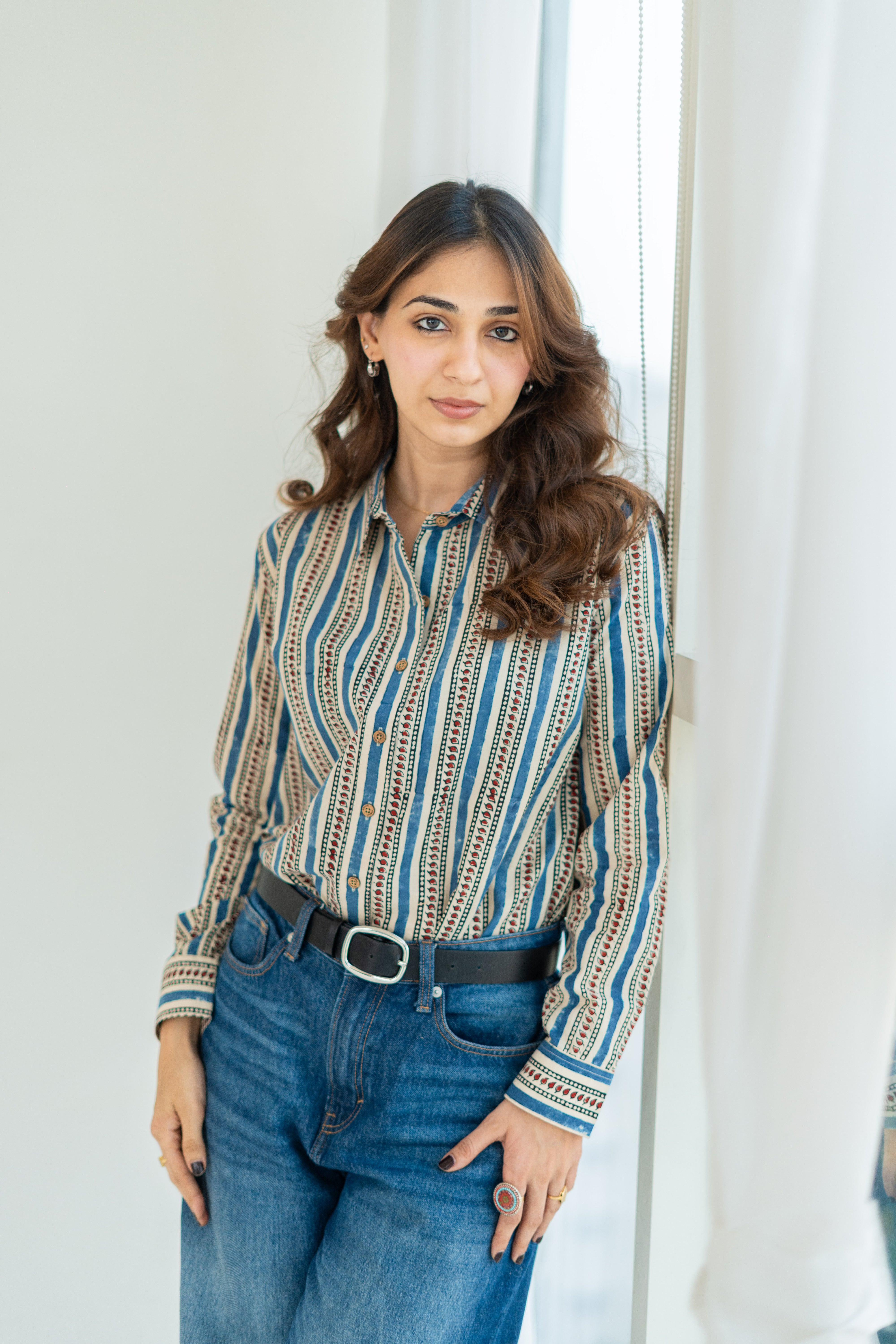 Ajrakh Motif Stripe Handblock Cotton Shirt